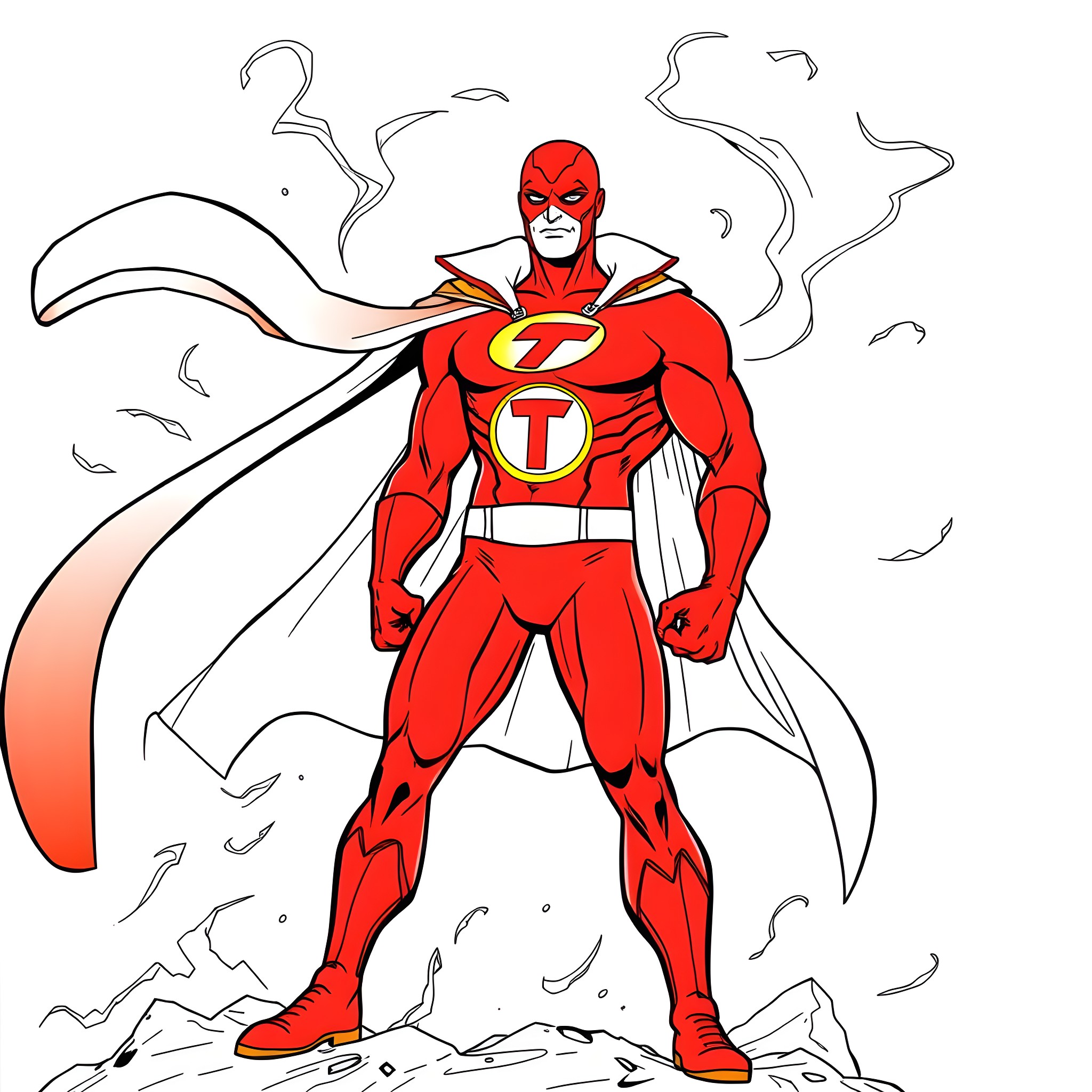 Red Tornado heroically wields his powers Coloring Page (free black-and-white line drawing printable PDF for all, from beginners to advanced learners, including children, teens, adults, and seniors)