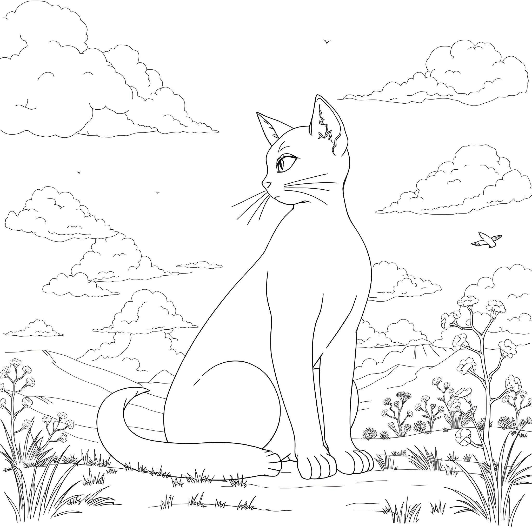 Catgirl in Serene Outdoor Scene Coloring Page (free black-and-white line drawing printable PDF for all, from beginners to advanced learners, including children, teens, adults, and seniors)