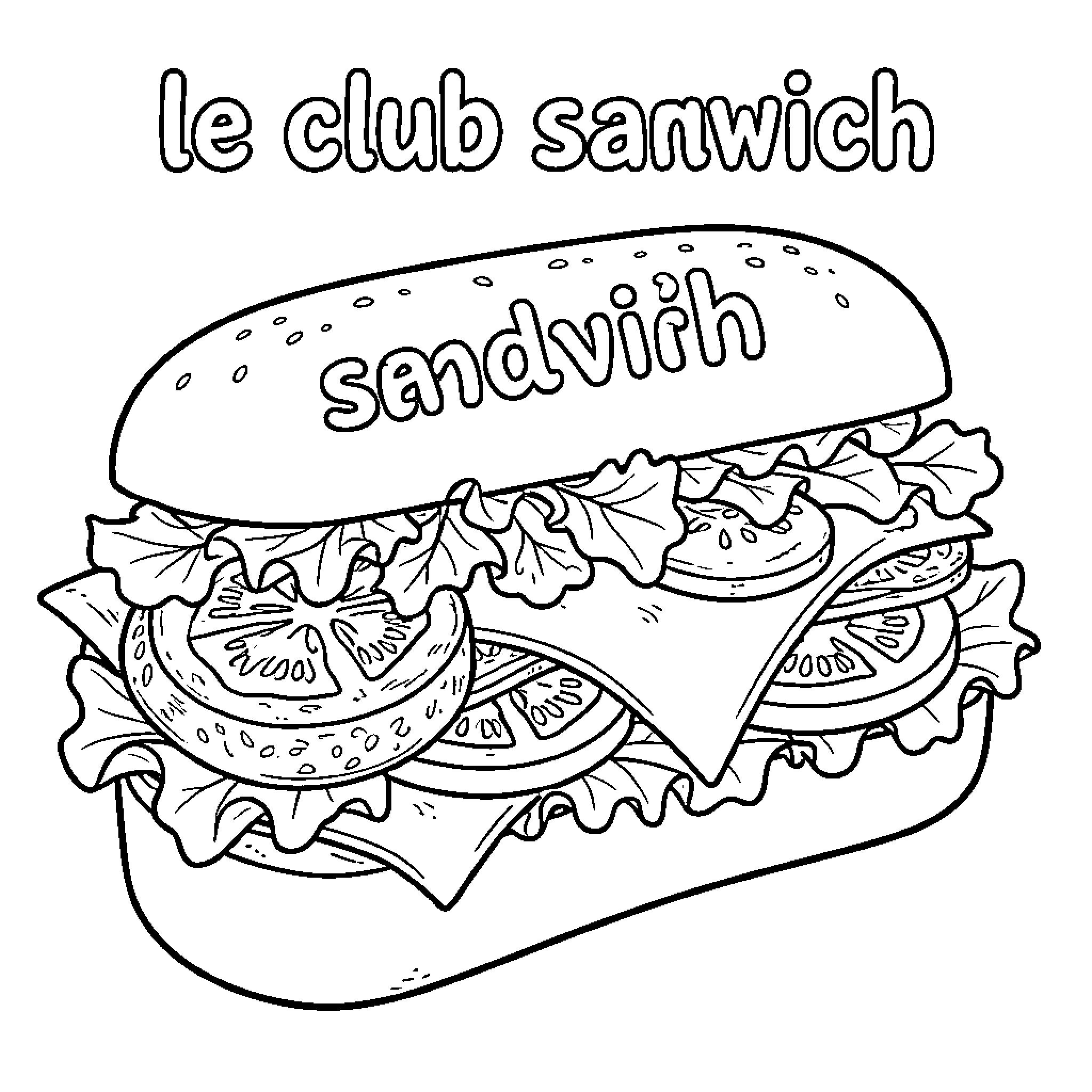 Sandwich with delicious club filling Coloring Page (free black-and-white line drawing printable PDF for all, from beginners to advanced learners, including children, teens, adults, and seniors)