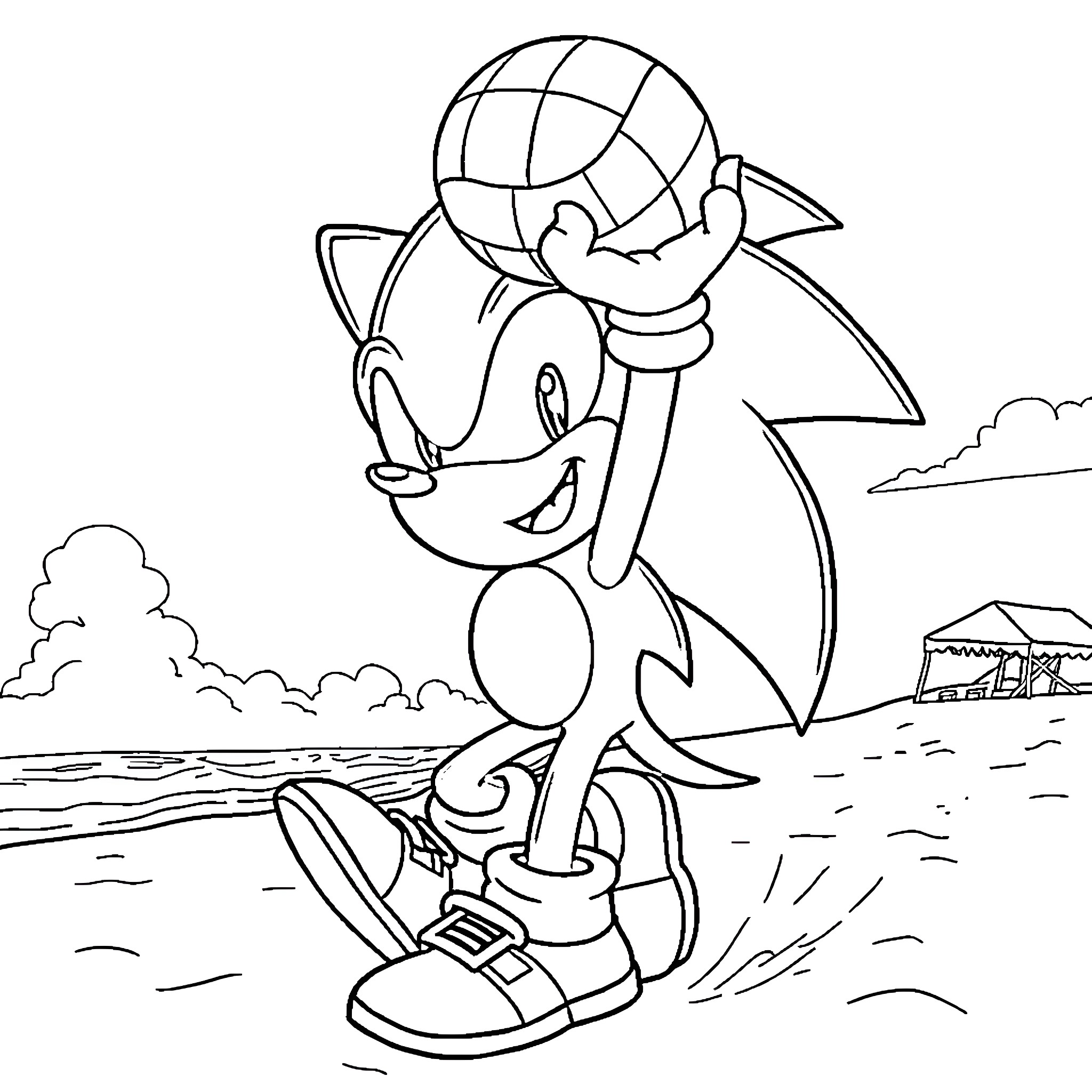 Sonic cheerfully surfing on the beach Coloring Page (free black-and-white line drawing printable PDF for all, from beginners to advanced learners, including children, teens, adults, and seniors)