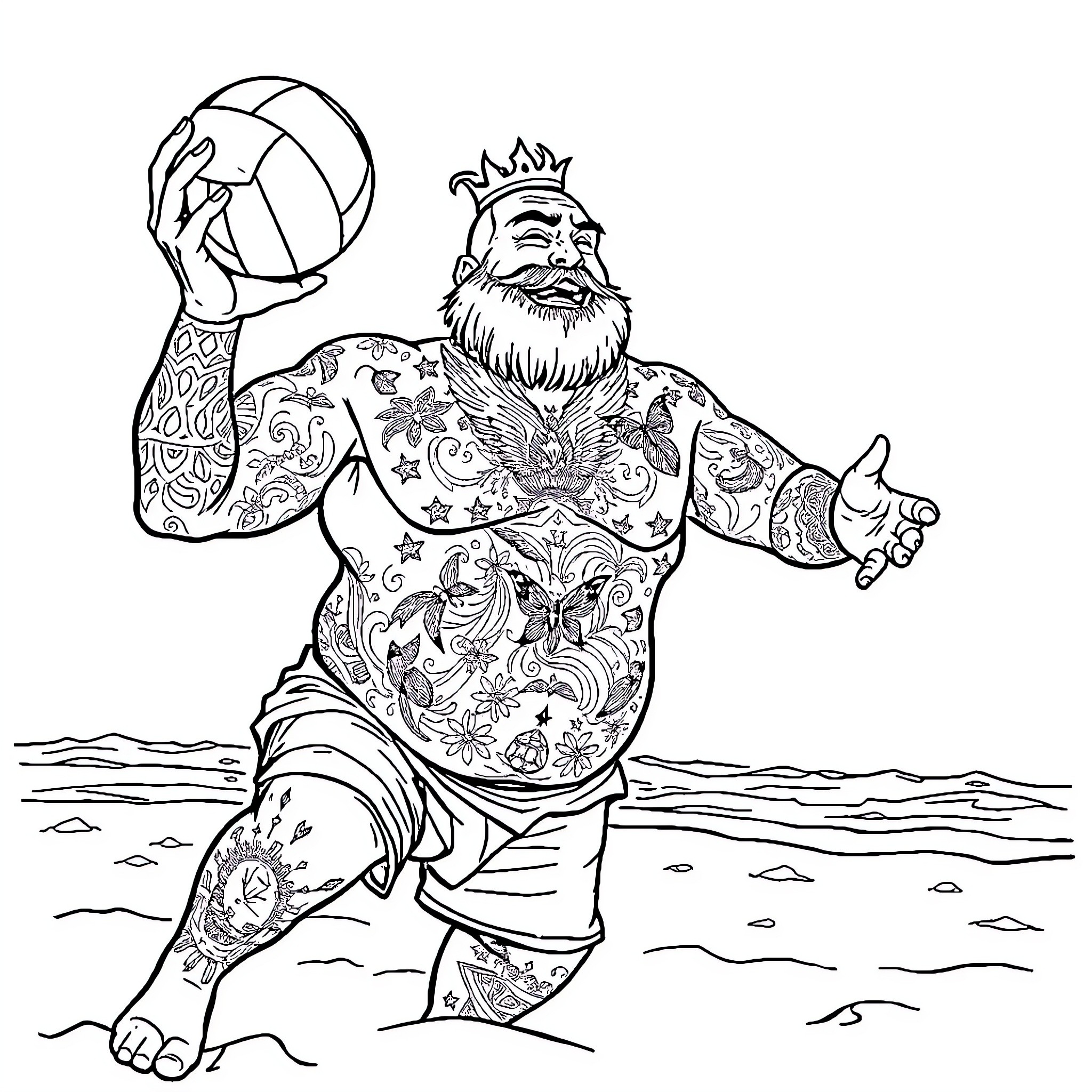 Man with tattoos playing volleyball on the beach Coloring Page (free black-and-white line drawing printable PDF for all, from beginners to advanced learners, including children, teens, adults, and seniors)