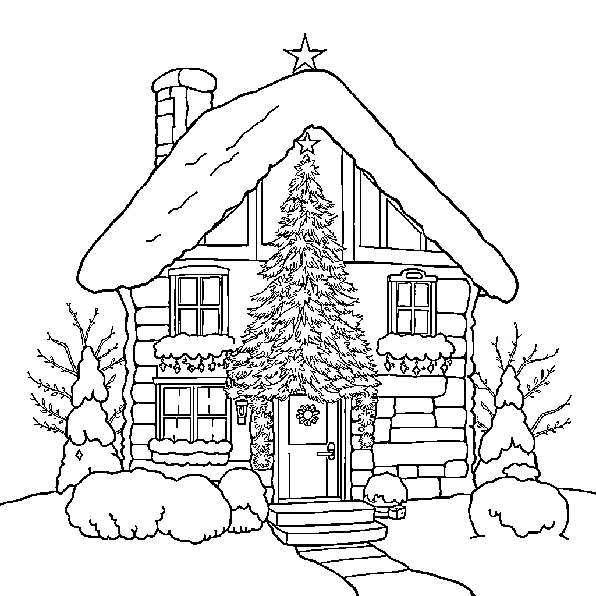 Gingerbread House with Decorated Christmas Tree Coloring Page (free black-and-white line drawing printable PDF for all, from beginners to advanced learners, including children, teens, adults, and seniors)