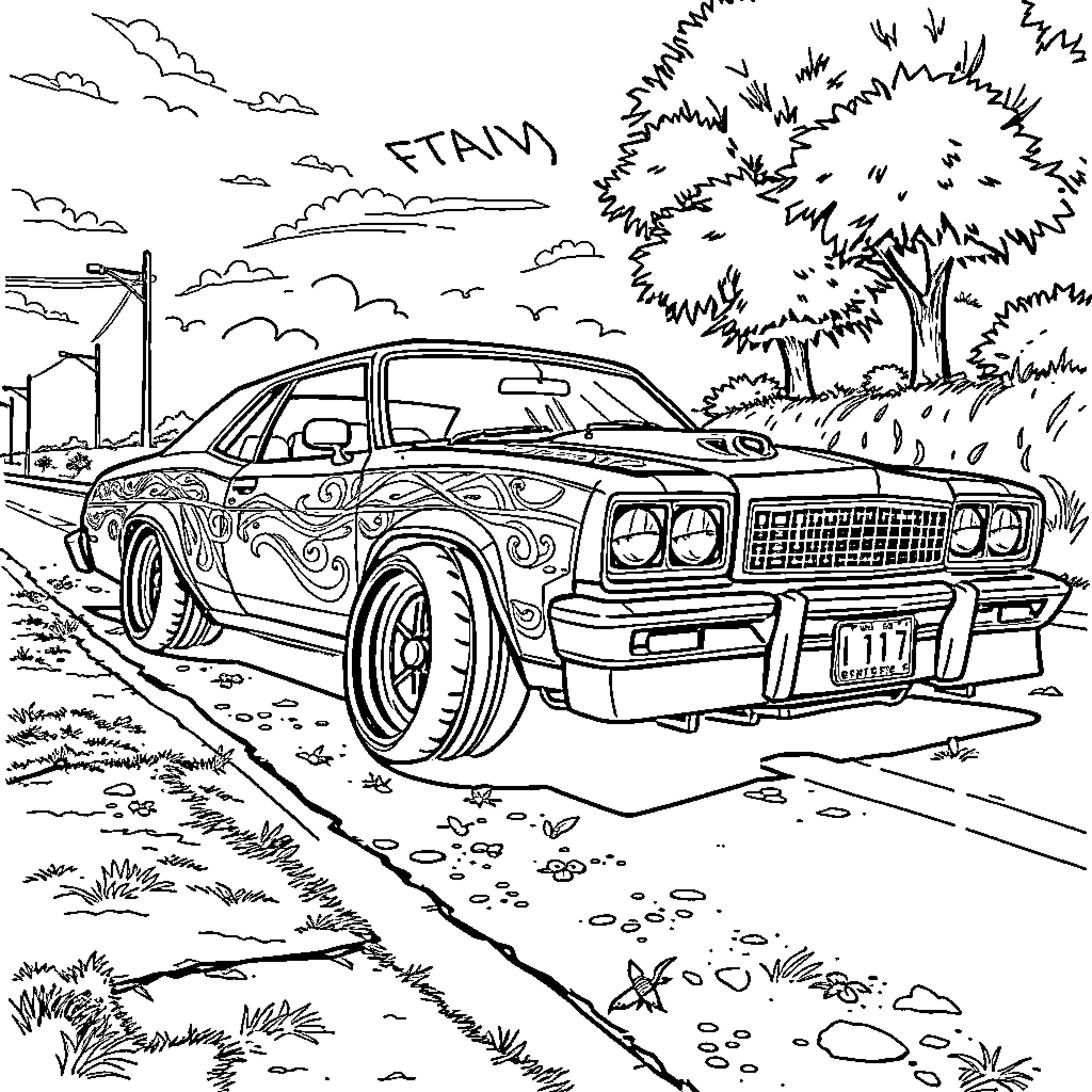 Lowrider cruising through urban landscape Coloring Page (free black-and-white line drawing printable PDF for all, from beginners to advanced learners, including children, teens, adults, and seniors)