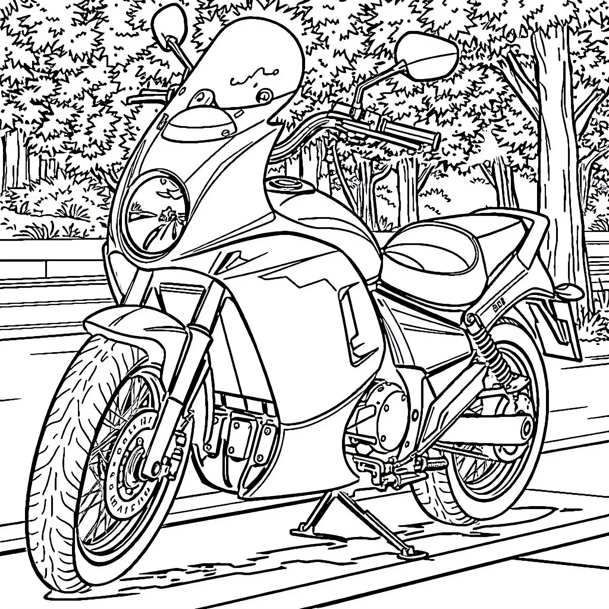 Motorcycle in the forest landscape Coloring Page (free black-and-white line drawing printable PDF for all, from beginners to advanced learners, including children, teens, adults, and seniors)