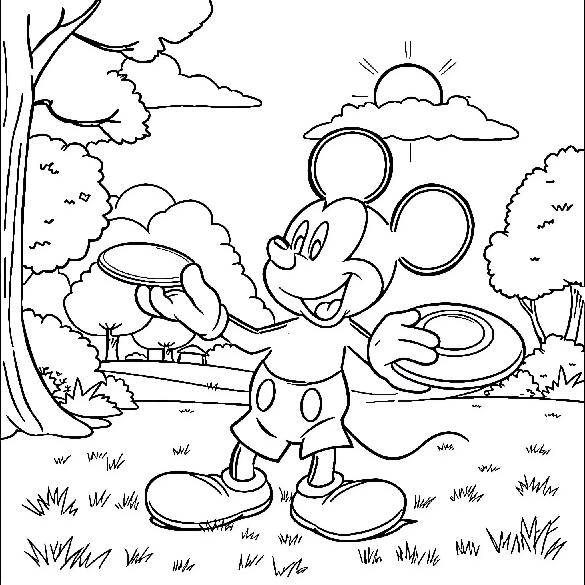 Mickey Mouse enjoying a sunny day in the forest Coloring Page (free black-and-white line drawing printable PDF for all, from beginners to advanced learners, including children, teens, adults, and seniors)
