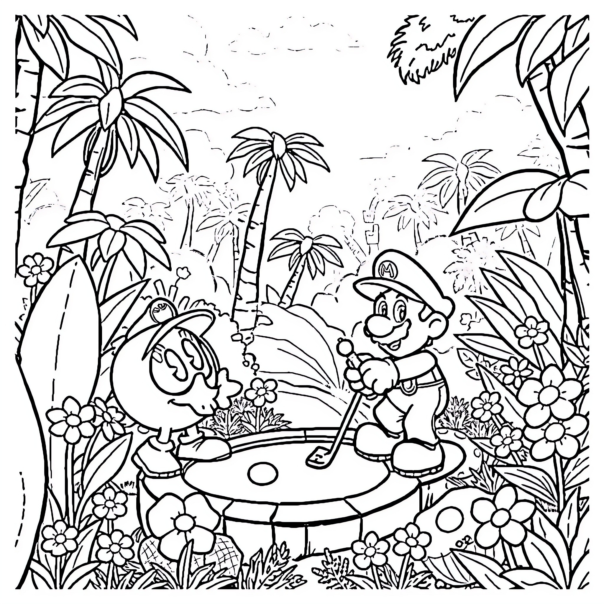 Pac-Man exploring a tropical forest landscape Coloring Page (free black-and-white line drawing printable PDF for all, from beginners to advanced learners, including children, teens, adults, and seniors)
