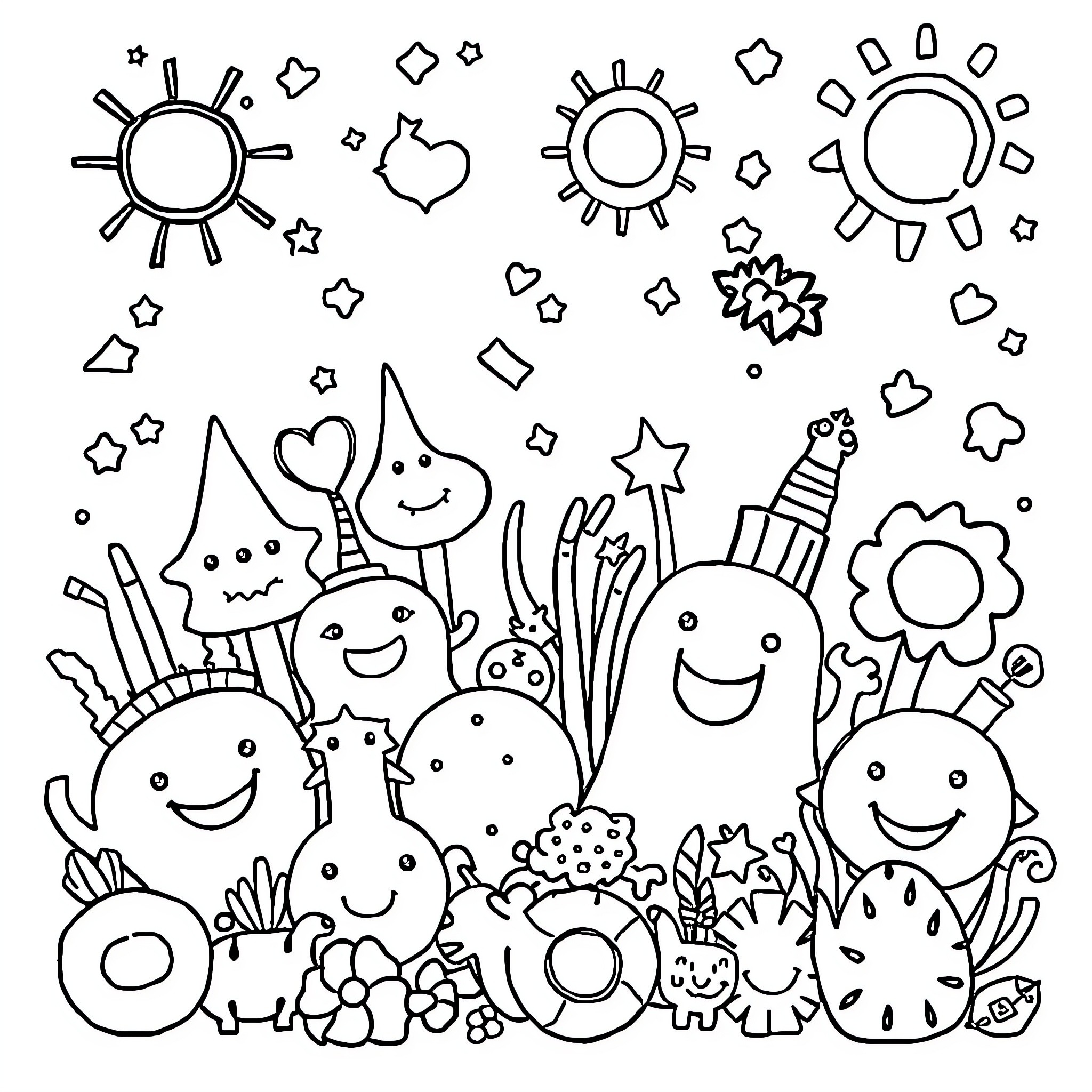Drawing of Cheerful Doodle Characters and Symbols Coloring Page (free black-and-white line drawing printable PDF for all, from beginners to advanced learners, including children, teens, adults, and seniors)