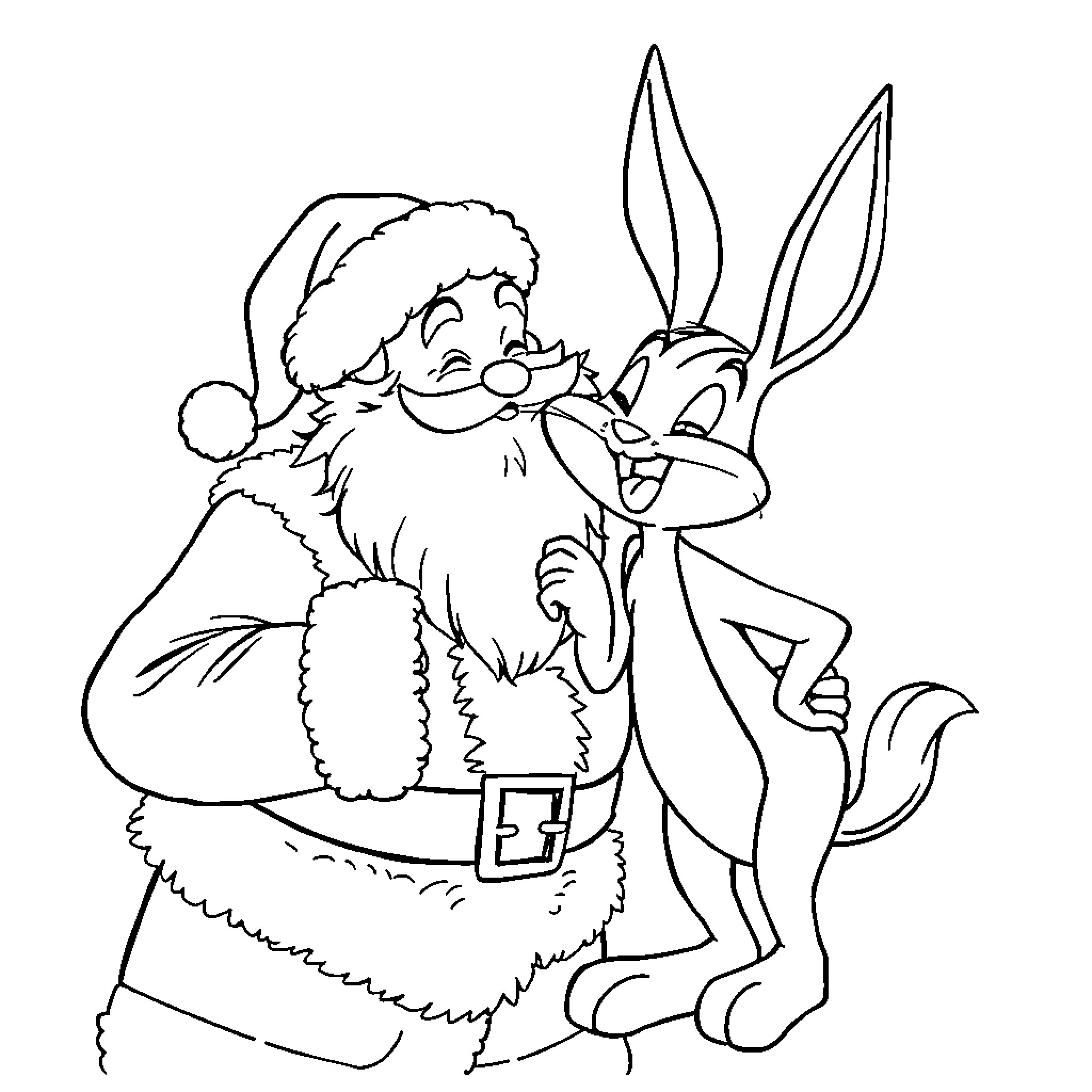 Santa and Bunny Sharing Merry Moment Coloring Page (free black-and-white line drawing printable PDF for all, from beginners to advanced learners, including children, teens, adults, and seniors)