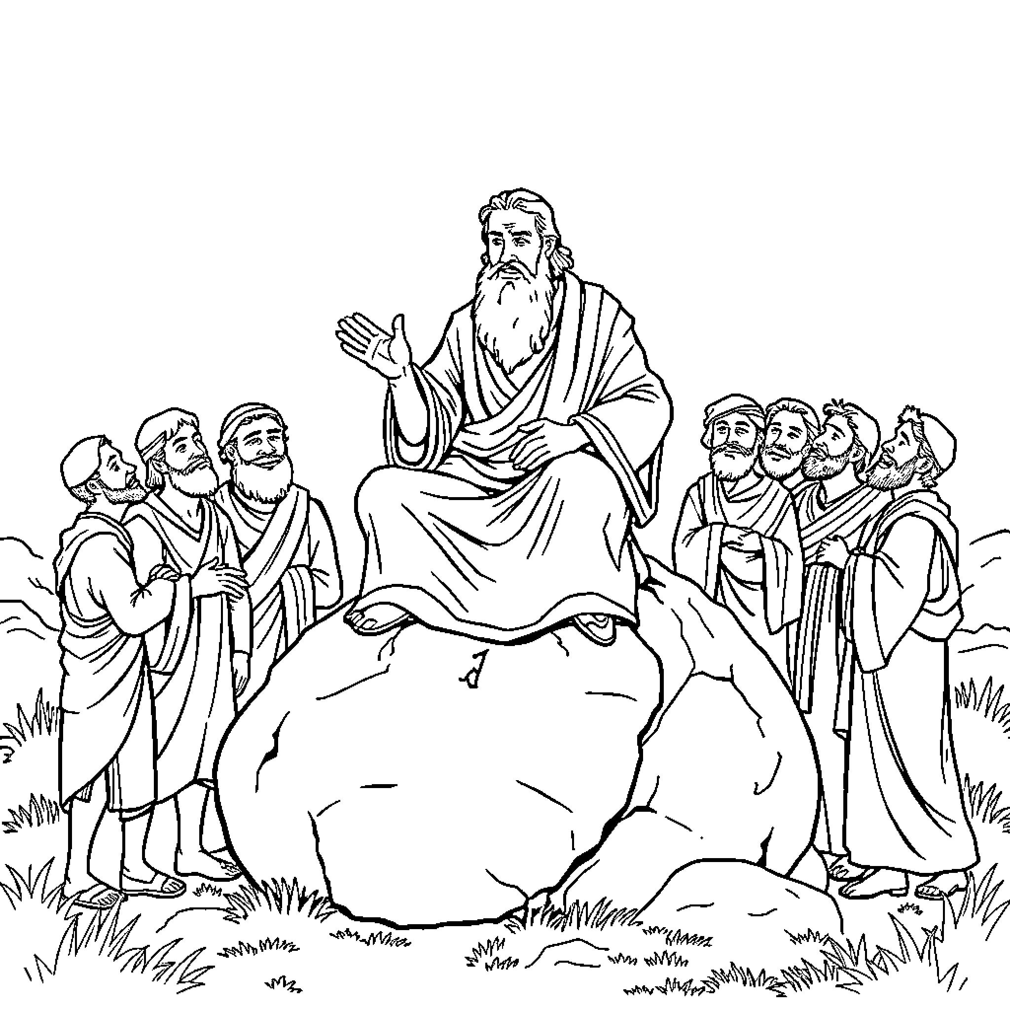 Jacob teaching his disciples on a hillside Coloring Page (free black-and-white line drawing printable PDF for all, from beginners to advanced learners, including children, teens, adults, and seniors)