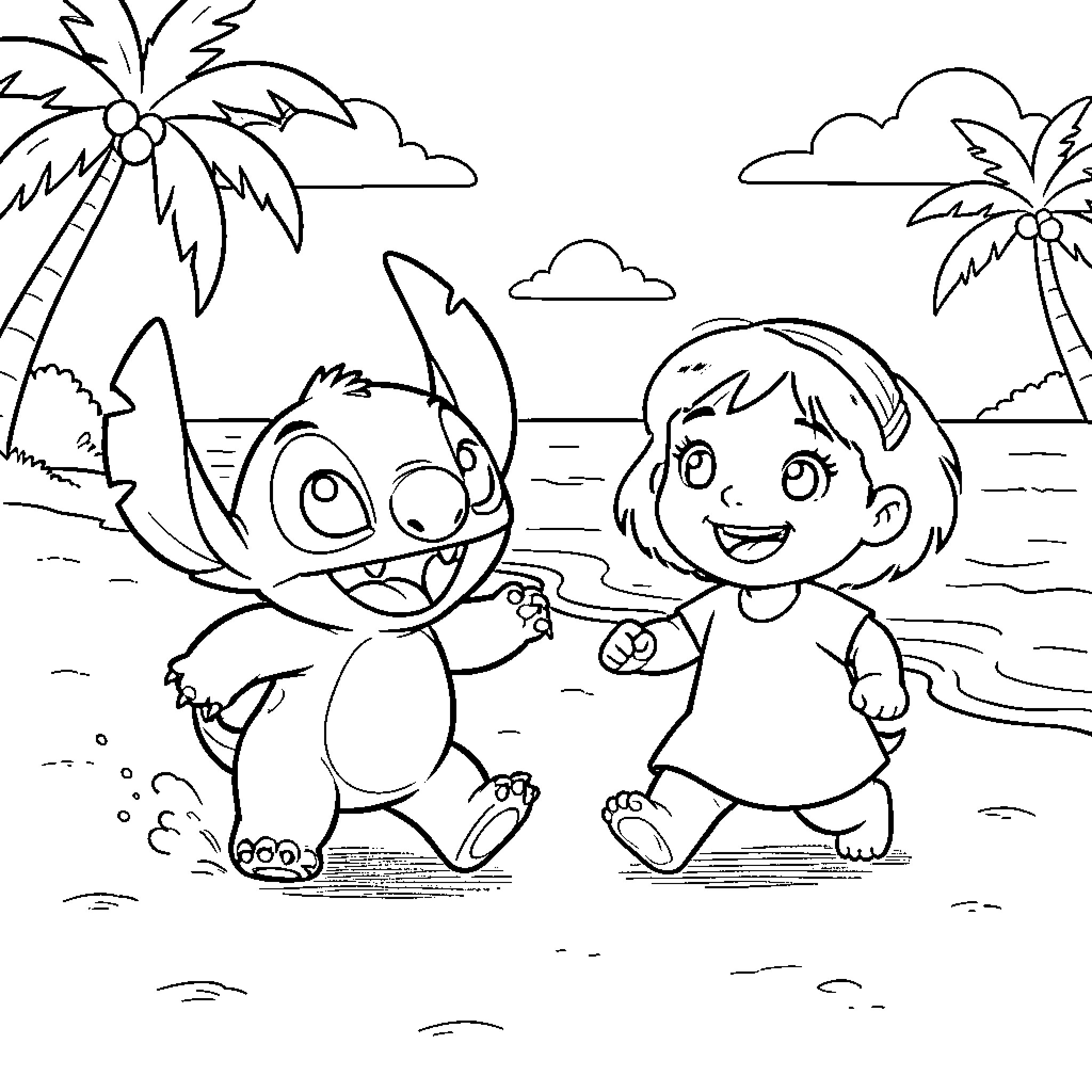 Stitch and a young girl running on the beach Coloring Page (free black-and-white line drawing printable PDF for all, from beginners to advanced learners, including children, teens, adults, and seniors)