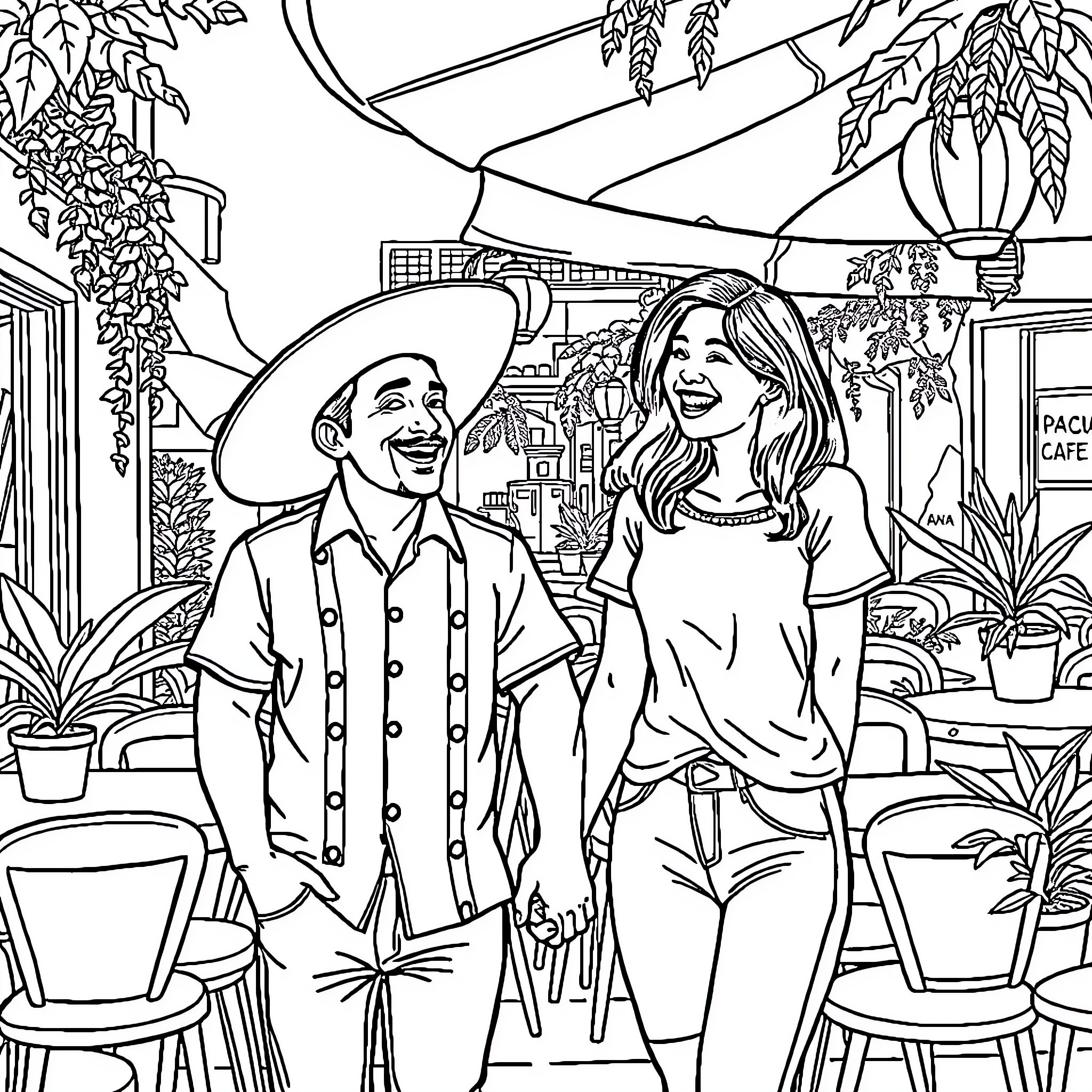 Man and woman enjoying drinks at outdoor cafe Coloring Page (free black-and-white line drawing printable PDF for all, from beginners to advanced learners, including children, teens, adults, and seniors)