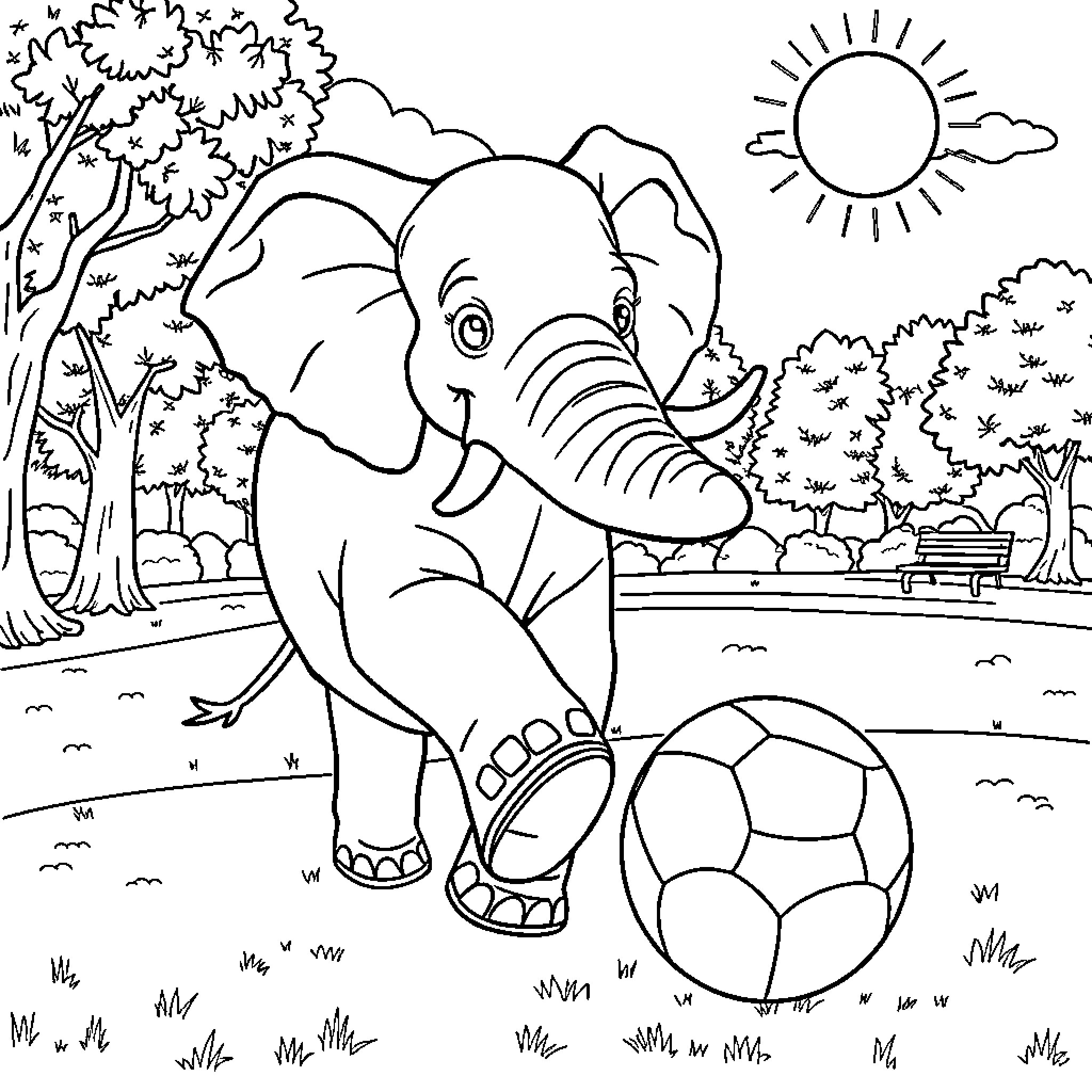 Elephant Playing with Soccer Ball in Nature Coloring Page (free black-and-white line drawing printable PDF for all, from beginners to advanced learners, including children, teens, adults, and seniors)