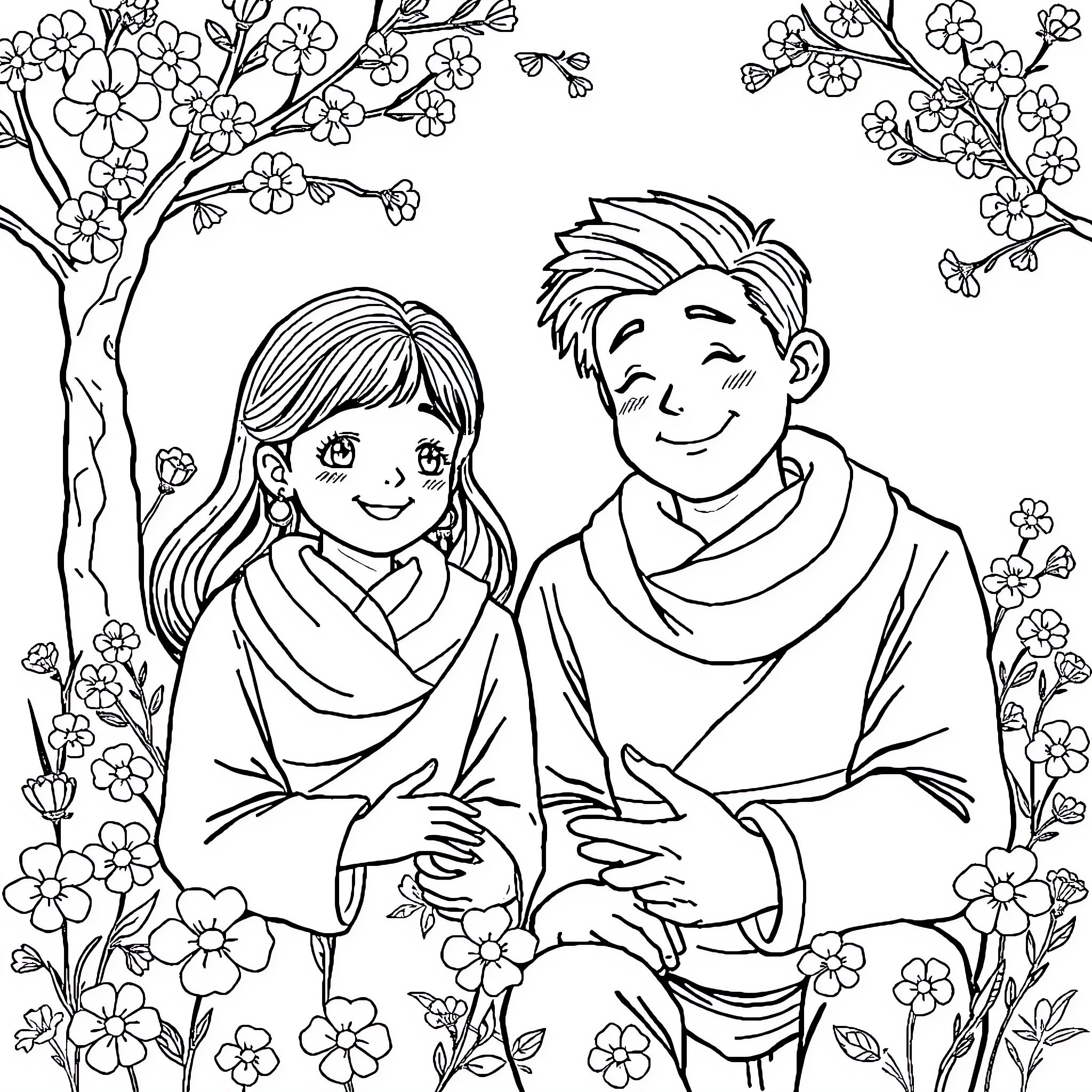 Dorama of a cheerful couple embracing under the blooming branches Coloring Page (free black-and-white line drawing printable PDF for all, from beginners to advanced learners, including children, teens, adults, and seniors)