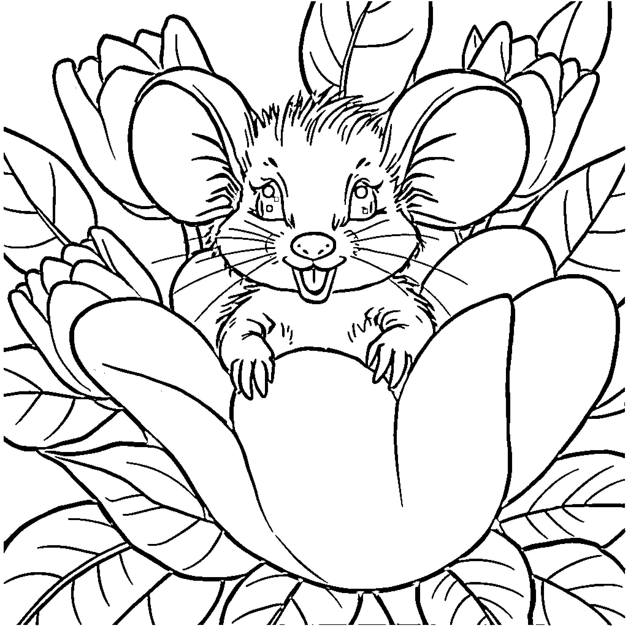 Mouse hiding in the flower Coloring Page (free black-and-white line drawing printable PDF for all, from beginners to advanced learners, including children, teens, adults, and seniors)