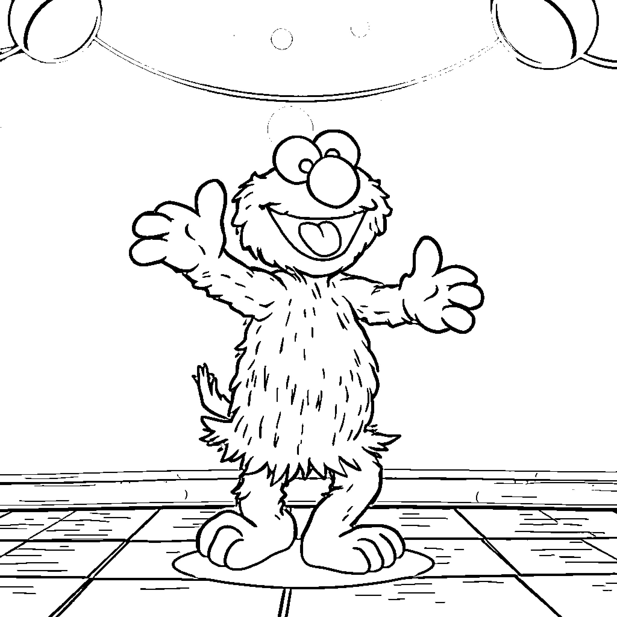Elmo cheerfully playing with bubbles Coloring Page (free black-and-white line drawing printable PDF for all, from beginners to advanced learners, including children, teens, adults, and seniors)