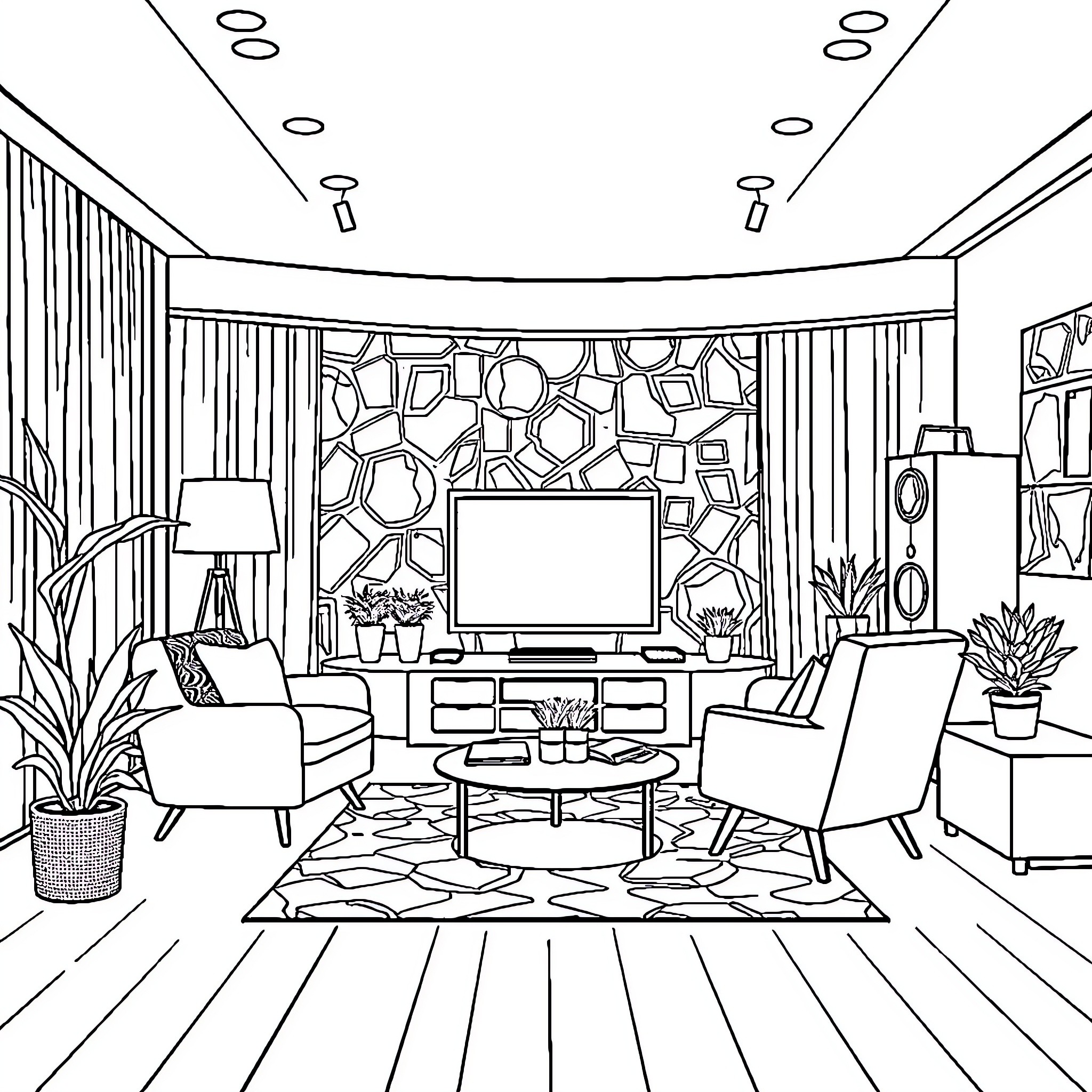 Studio Interior with Stylish Furniture and Decor Coloring Page (free black-and-white line drawing printable PDF for all, from beginners to advanced learners, including children, teens, adults, and seniors)