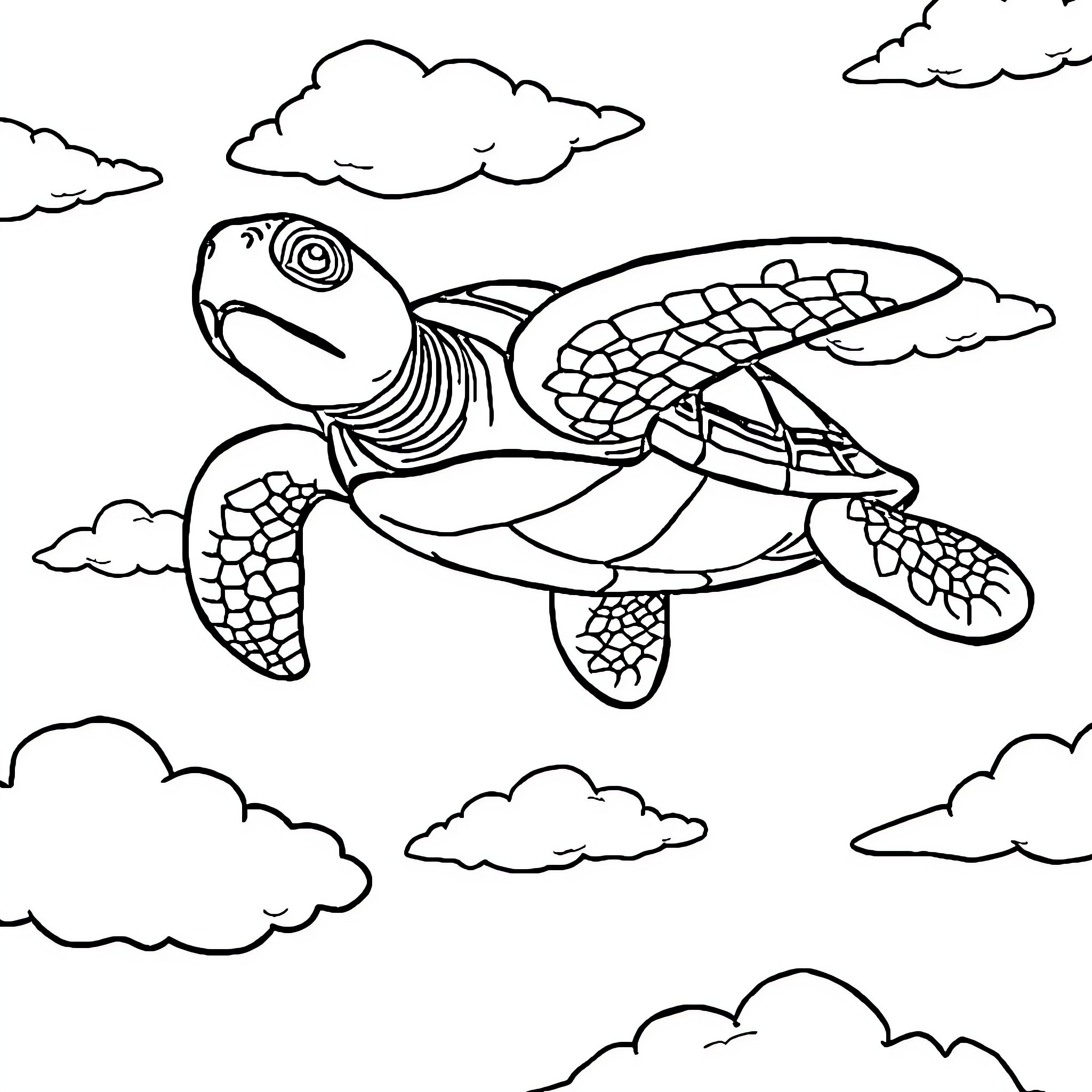 Turtle swimming among the clouds Coloring Page (free black-and-white line drawing printable PDF for all, from beginners to advanced learners, including children, teens, adults, and seniors)