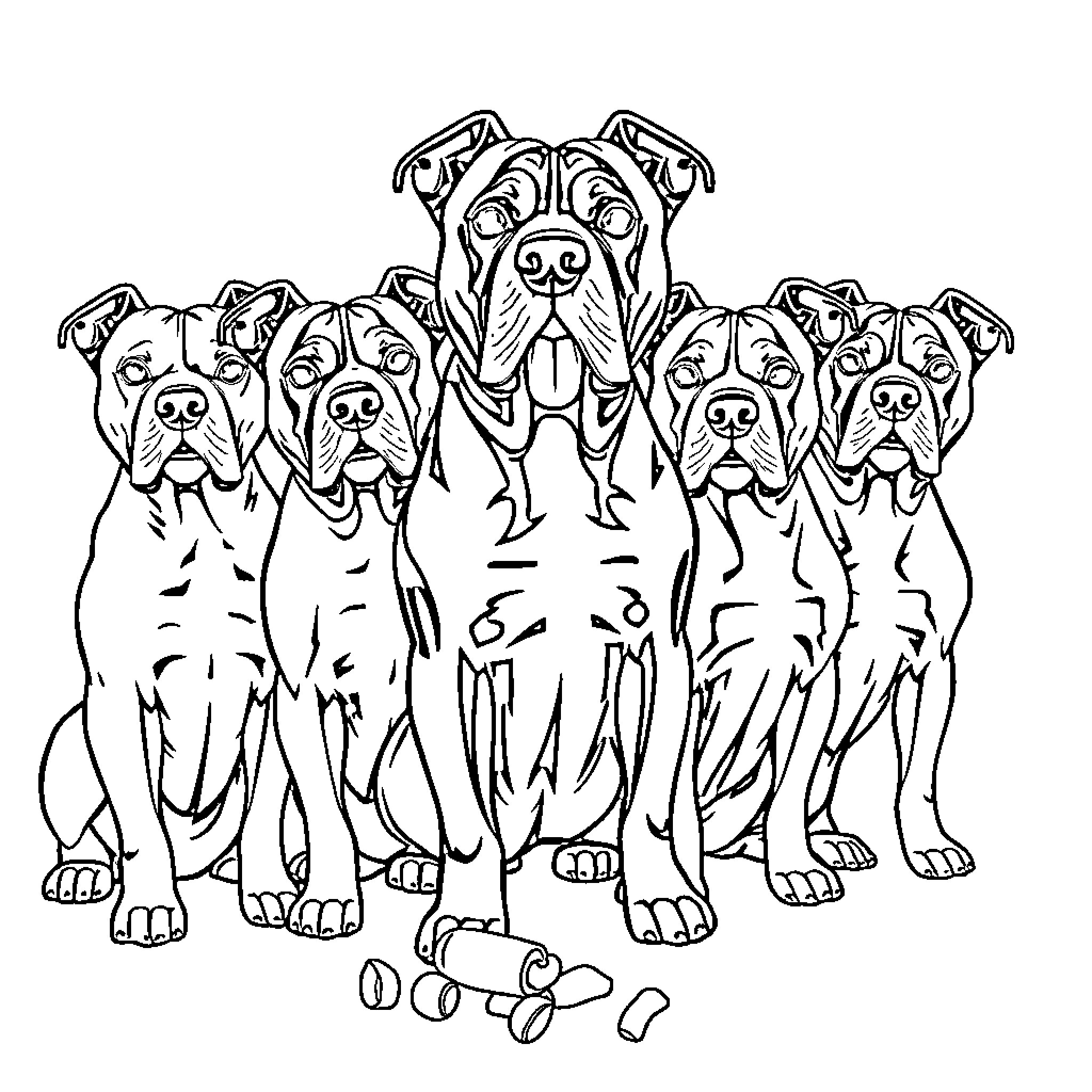 Pit Bull Pack Playfully Posing with Toys Coloring Page (free black-and-white line drawing printable PDF for all, from beginners to advanced learners, including children, teens, adults, and seniors)