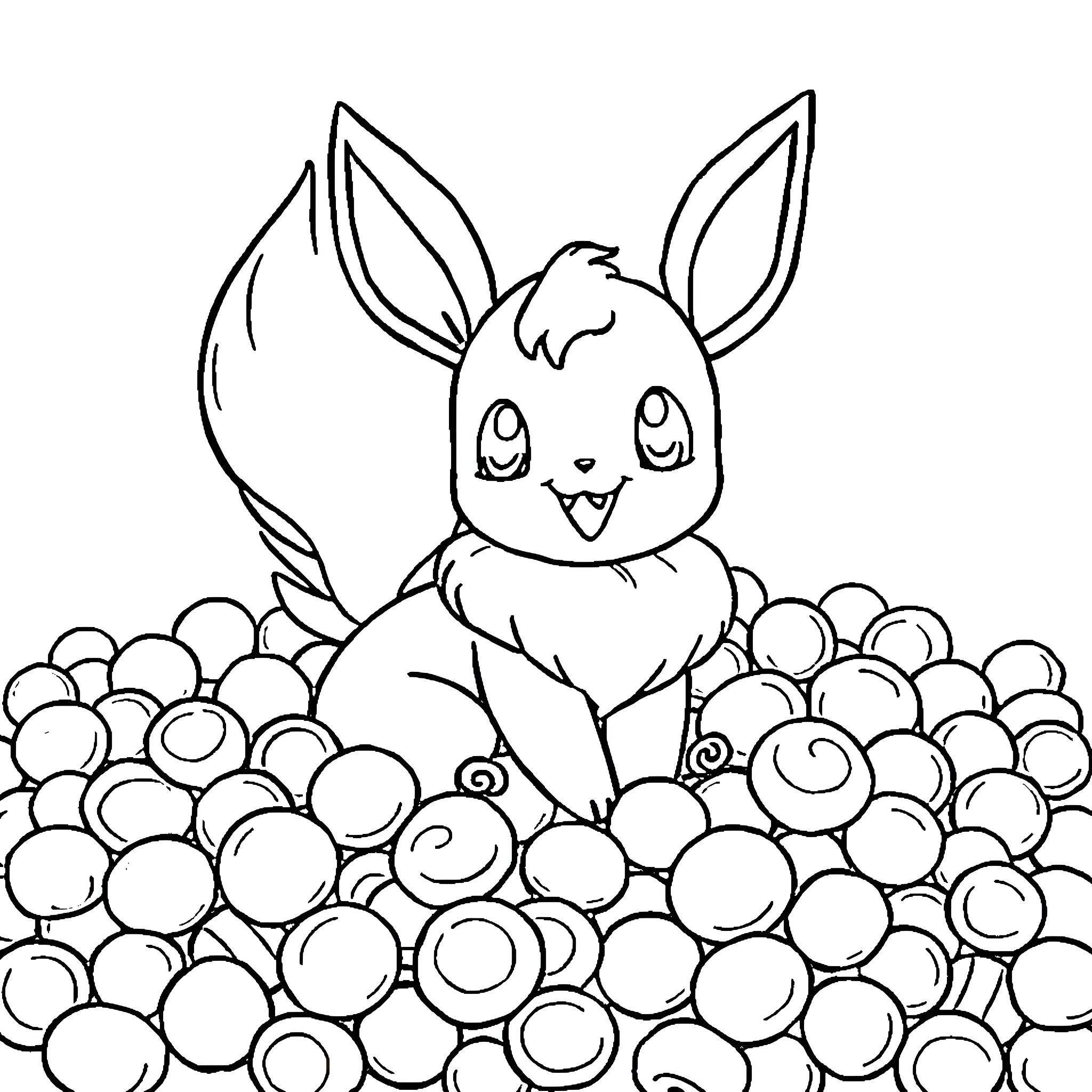 Eevee playing happily in the berry patch Coloring Page (free black-and-white line drawing printable PDF for all, from beginners to advanced learners, including children, teens, adults, and seniors)