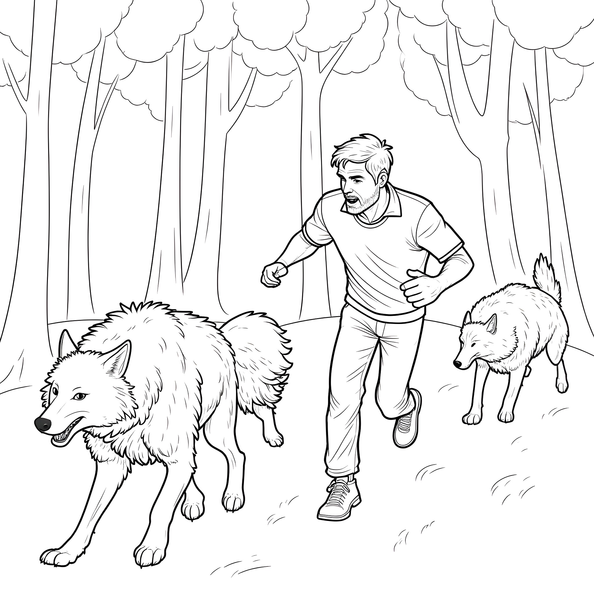 Man running with wolves in the forest Coloring Page (free black-and-white line drawing printable PDF for all, from beginners to advanced learners, including children, teens, adults, and seniors)