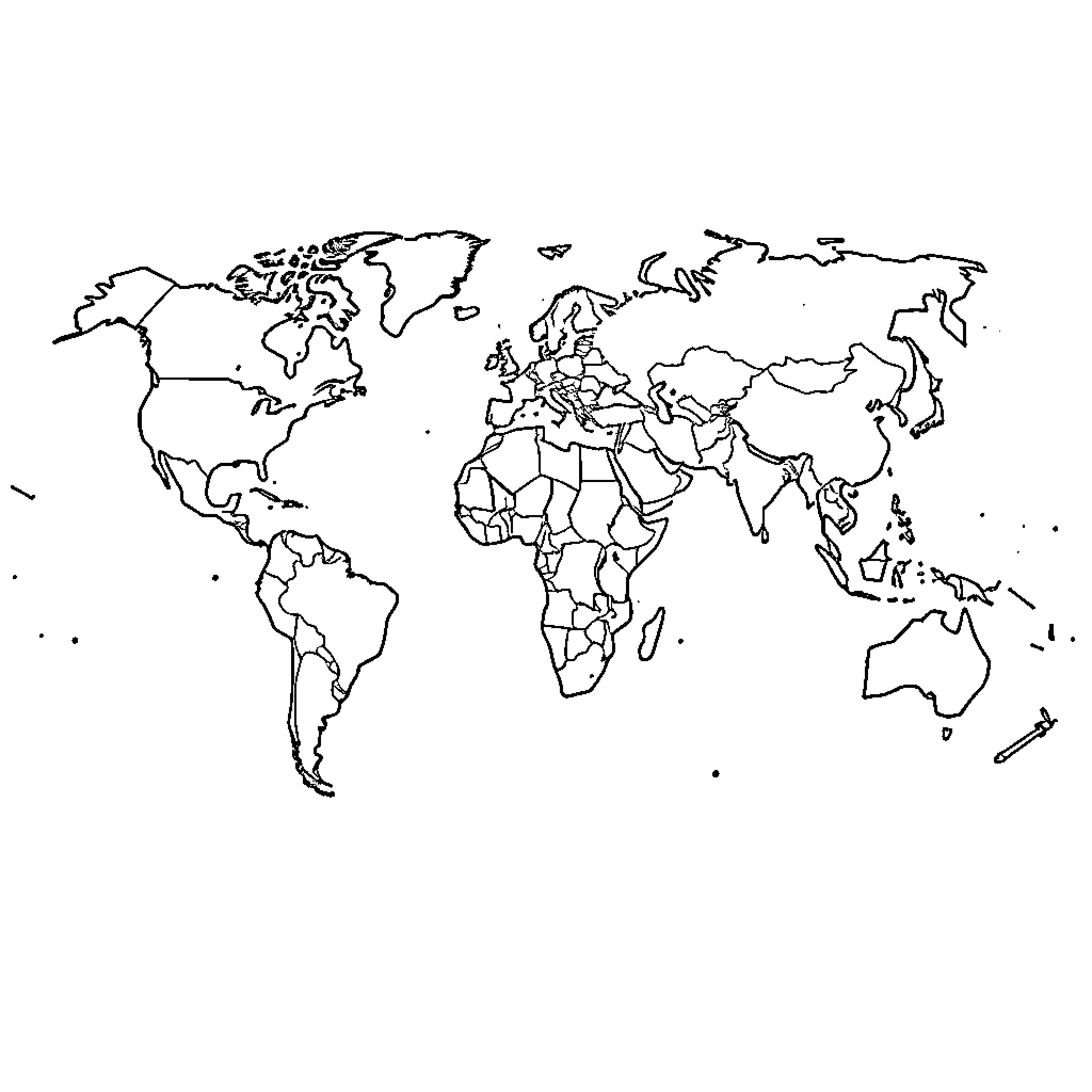 World Map with Outlined Continents and Countries Coloring Page (free black-and-white line drawing printable PDF for all, from beginners to advanced learners, including children, teens, adults, and seniors)
