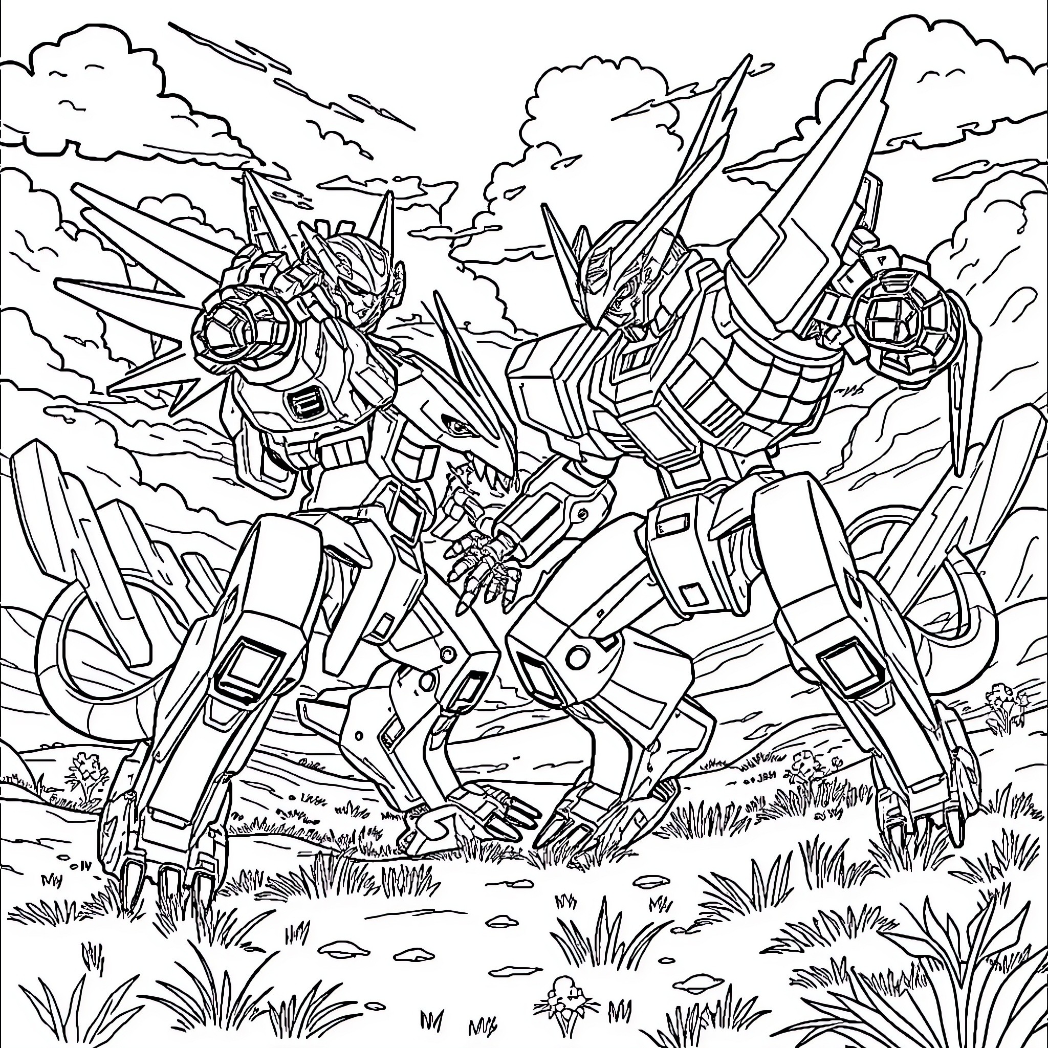 Zoid Mecha Titans Clash in Cosmic Battlefield Coloring Page (free black-and-white line drawing printable PDF for all, from beginners to advanced learners, including children, teens, adults, and seniors)
