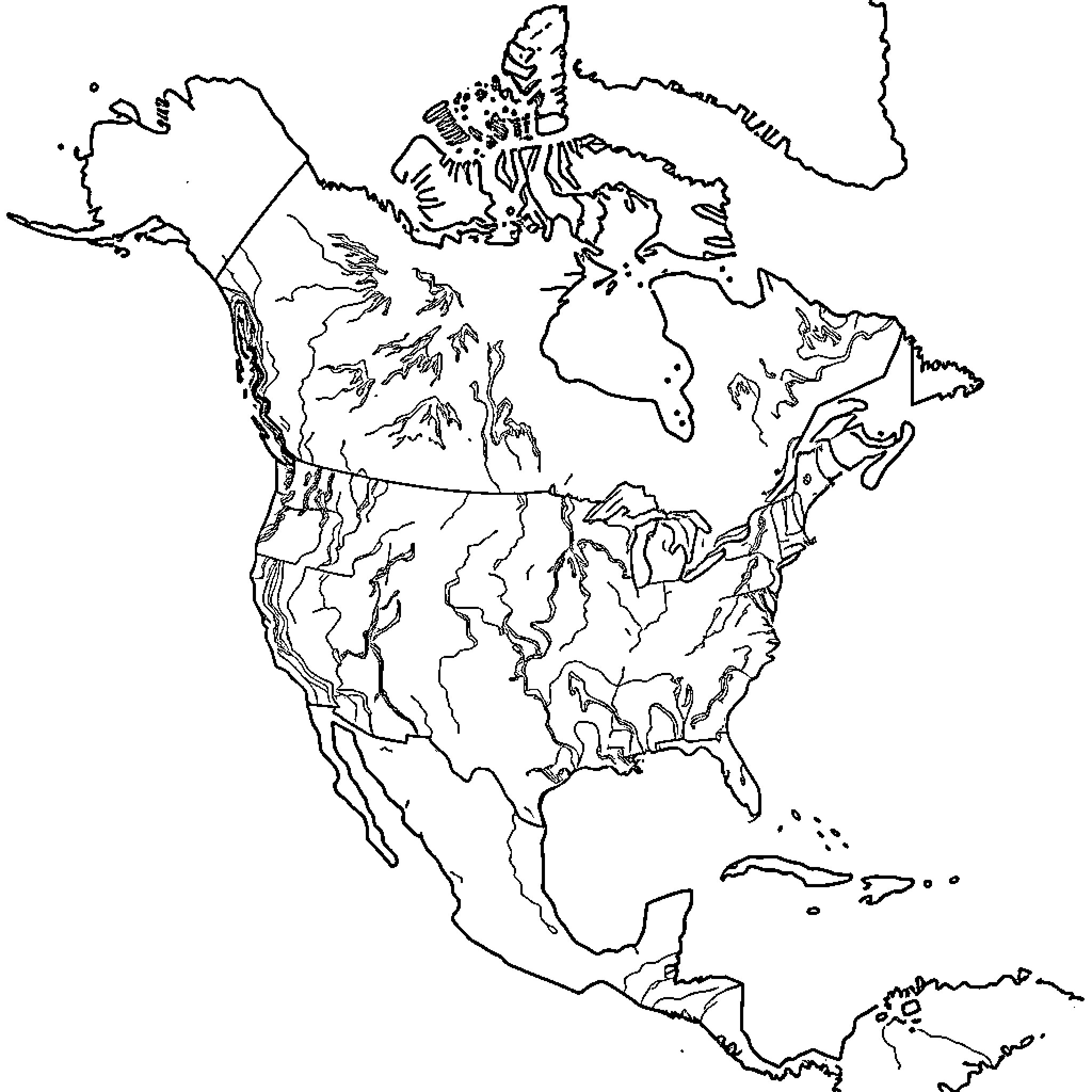 Map of landforms and geographical features of North America Coloring Page (free black-and-white line drawing printable PDF for all, from beginners to advanced learners, including children, teens, adults, and seniors)