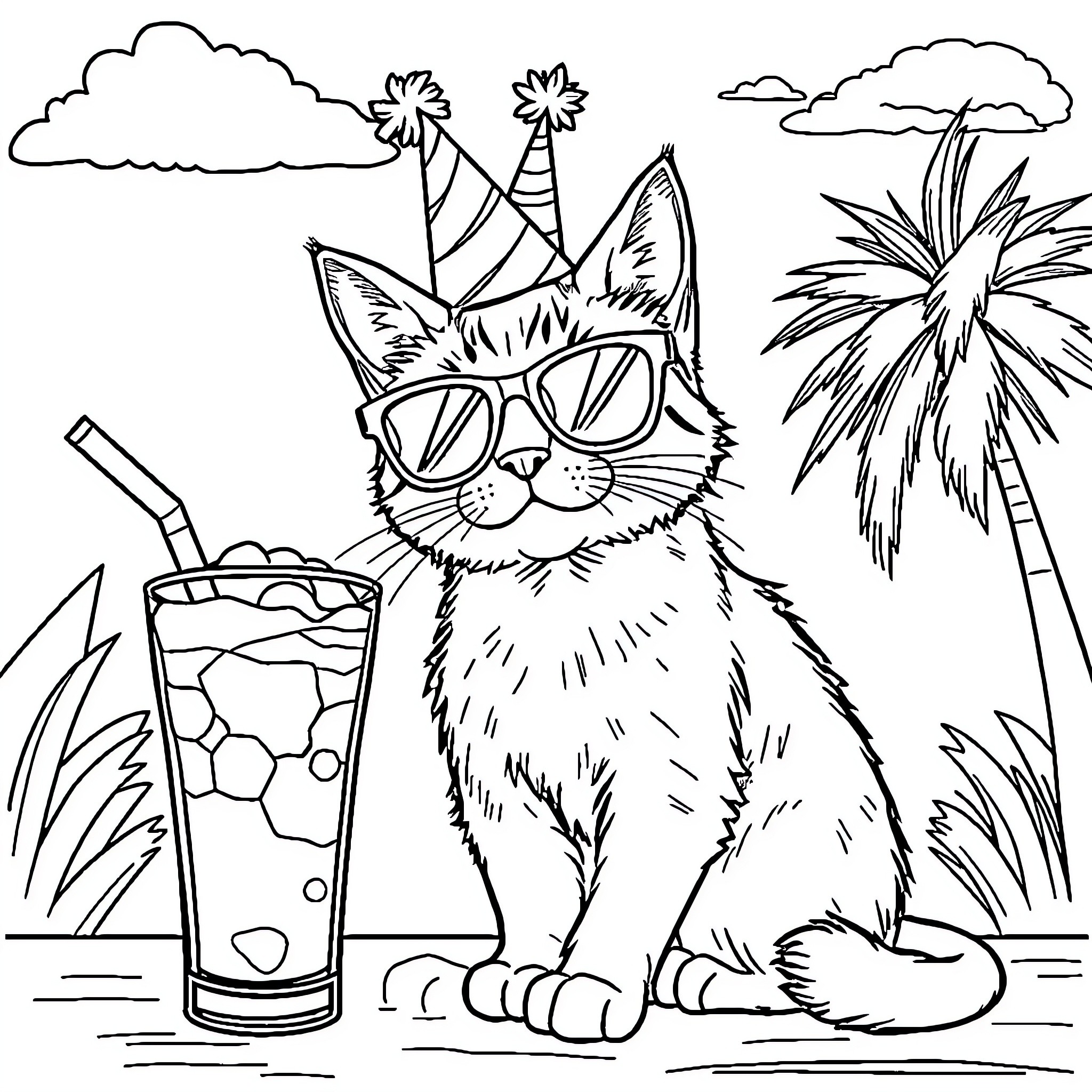 Cat enjoying a summer party with tropical elements Coloring Page (free black-and-white line drawing printable PDF for all, from beginners to advanced learners, including children, teens, adults, and seniors)