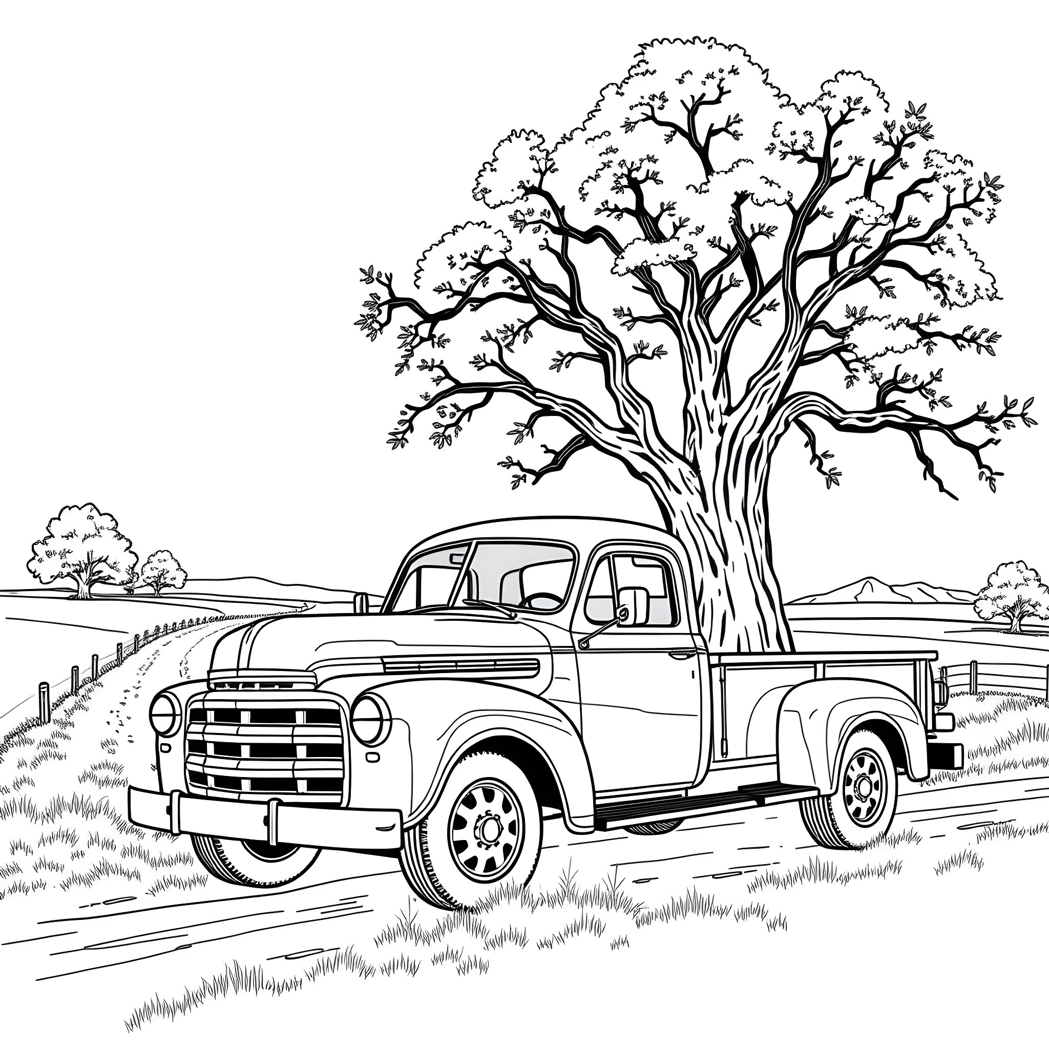 Truck parked under a large tree in the countryside Coloring Page (free black-and-white line drawing printable PDF for all, from beginners to advanced learners, including children, teens, adults, and seniors)