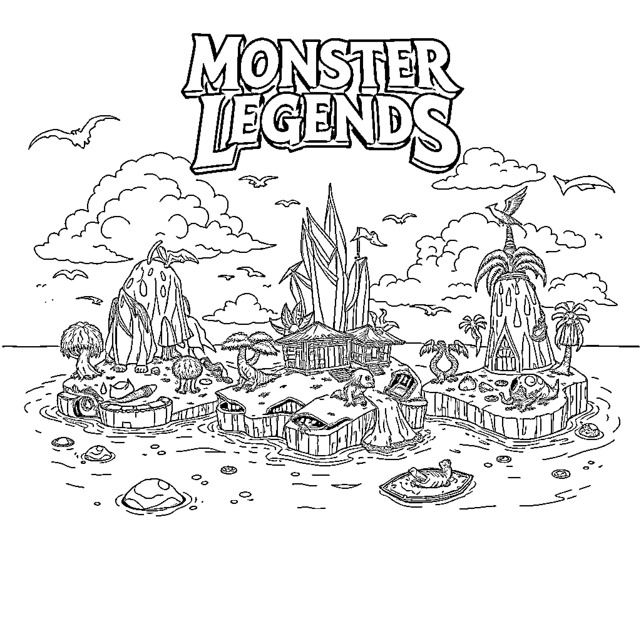 Monster Legends: Mythical Creatures' Fantastical Realm Coloring Page (free black-and-white line drawing printable PDF for all, from beginners to advanced learners, including children, teens, adults, and seniors)