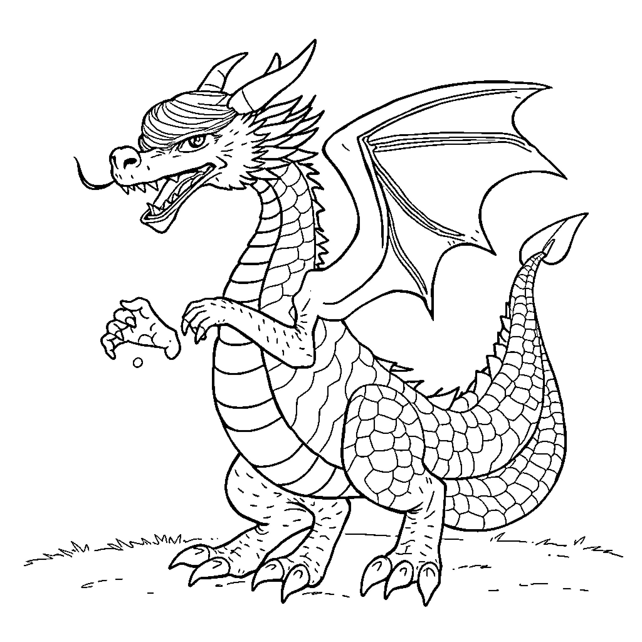 Dragon Fiercely Guarding Its Territory Coloring Page (free black-and-white line drawing printable PDF for all, from beginners to advanced learners, including children, teens, adults, and seniors)