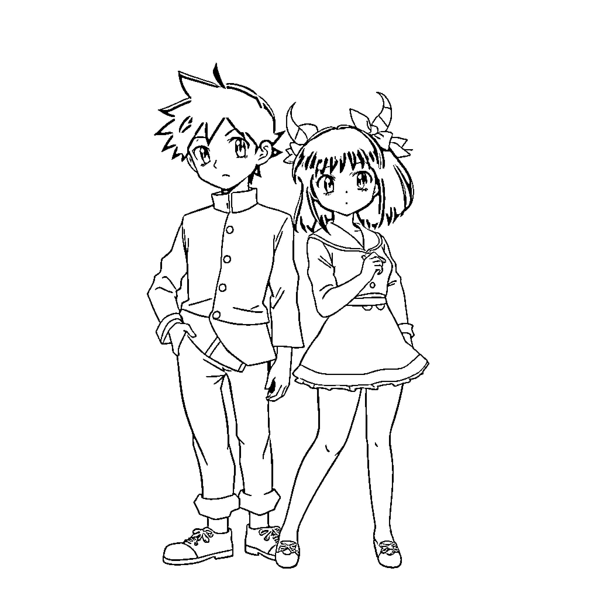 Tanjiro and his companion in casual attire Coloring Page (free black-and-white line drawing printable PDF for all, from beginners to advanced learners, including children, teens, adults, and seniors)