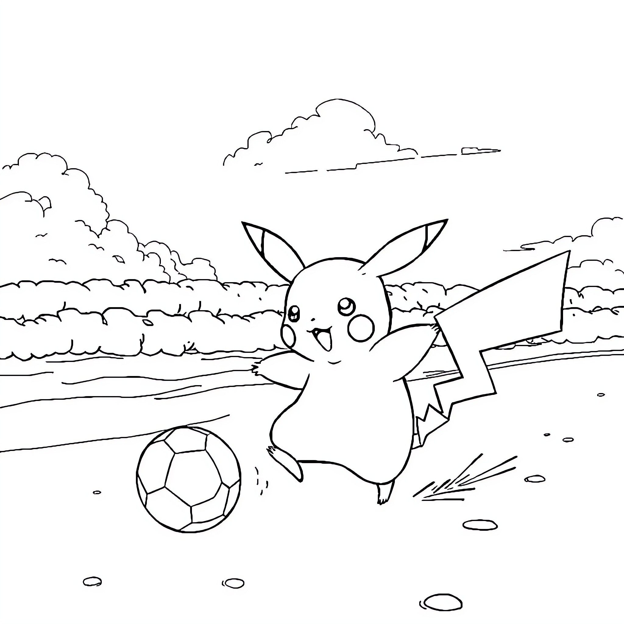 Pikachu Playing with Soccer Ball in the Outdoors Coloring Page (free black-and-white line drawing printable PDF for all, from beginners to advanced learners, including children, teens, adults, and seniors)