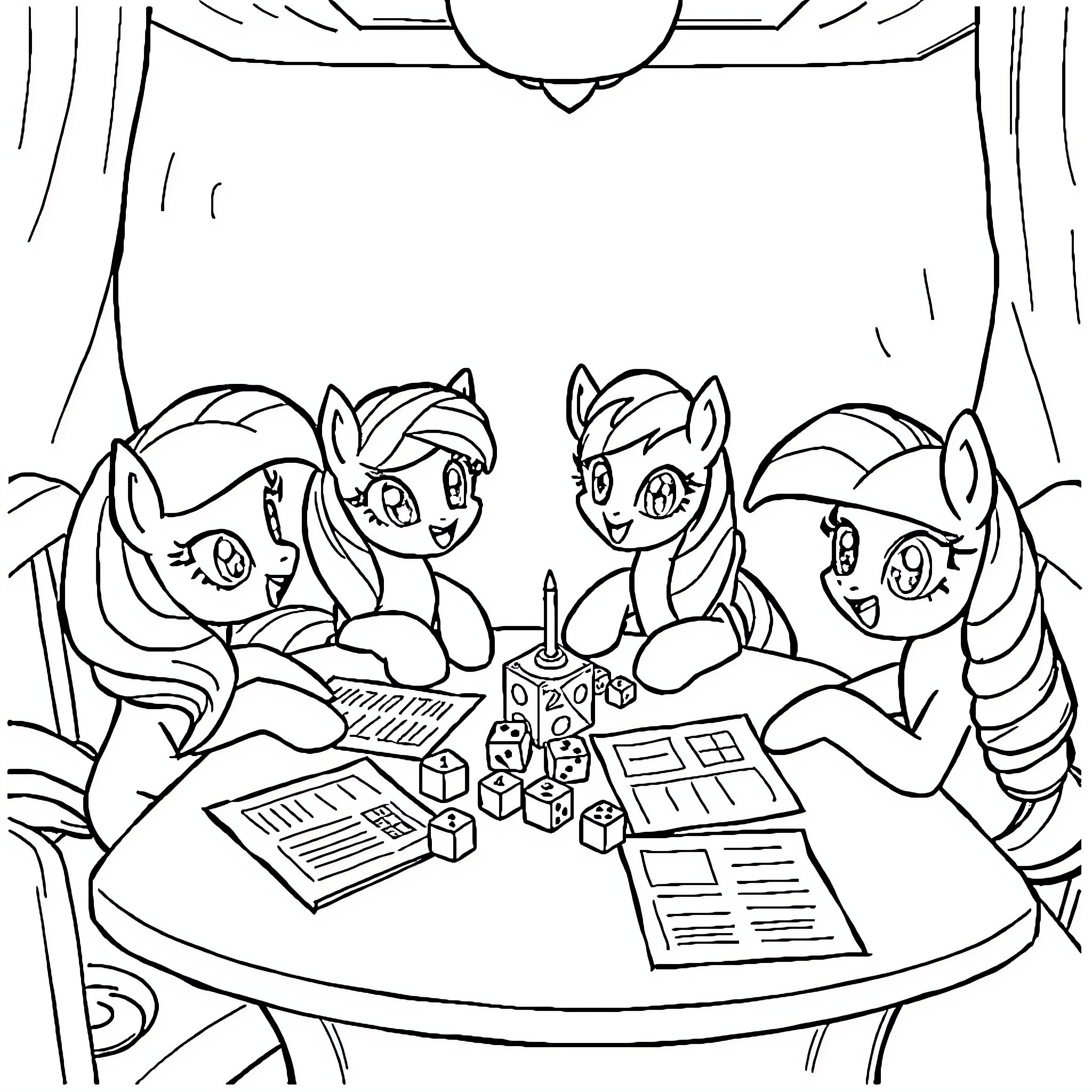 Ponies Playing Games Together Coloring Page (free black-and-white line drawing printable PDF for all, from beginners to advanced learners, including children, teens, adults, and seniors)