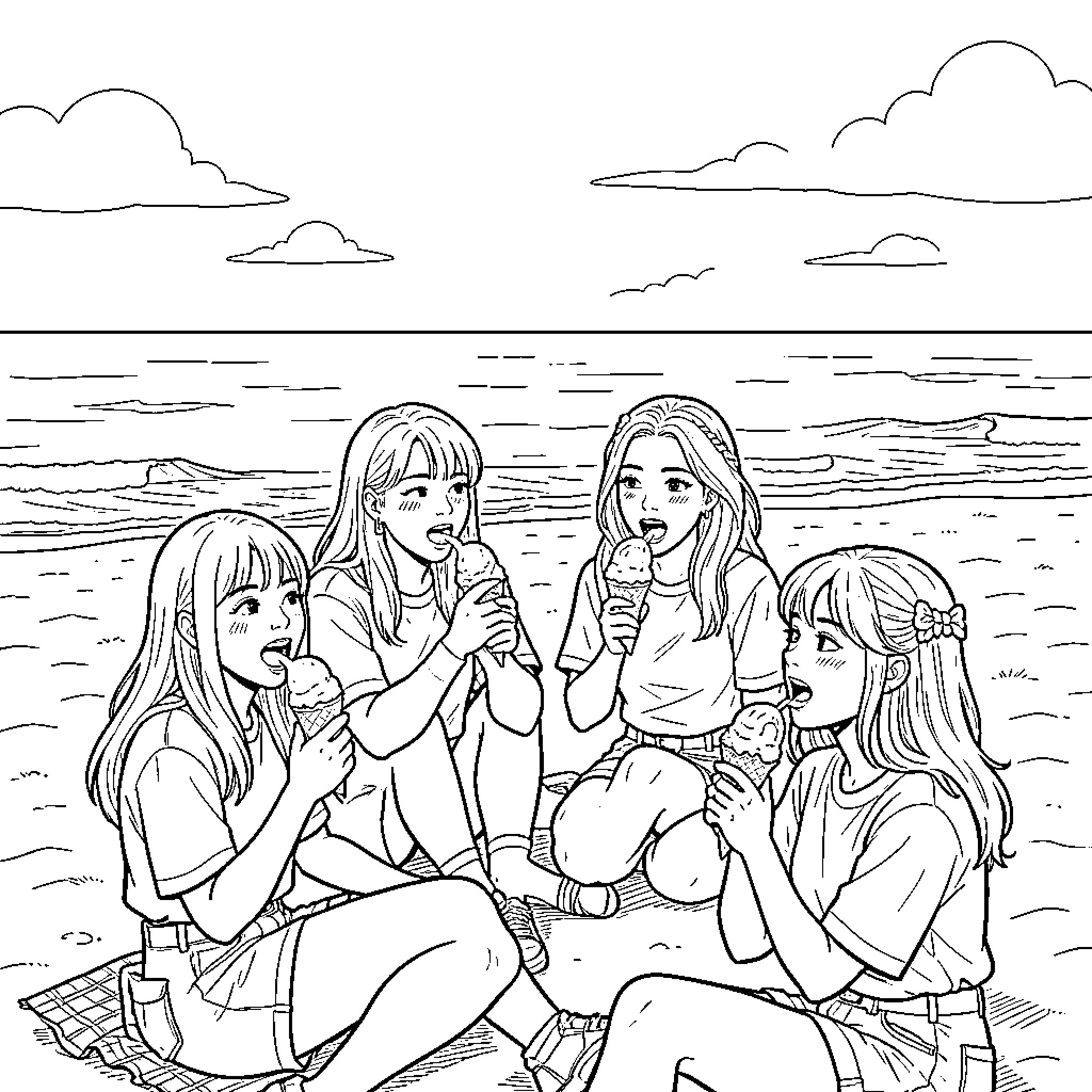 Kpop idols enjoying ice cream at the beach Coloring Page (free black-and-white line drawing printable PDF for all, from beginners to advanced learners, including children, teens, adults, and seniors)