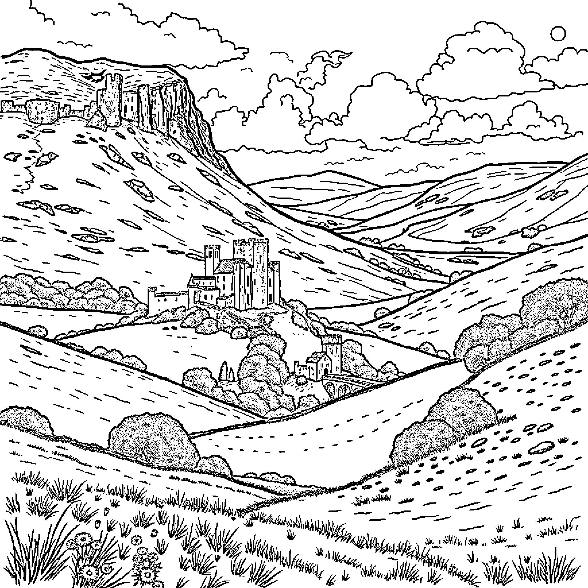 Ireland: Scenic landscape with medieval castle Coloring Page (free black-and-white line drawing printable PDF for all, from beginners to advanced learners, including children, teens, adults, and seniors)
