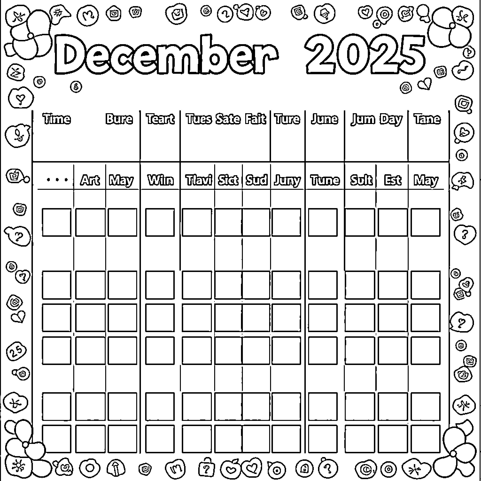 Habit Tracker with Doodles for December 2025 Coloring Page (free black-and-white line drawing printable PDF for all, from beginners to advanced learners, including children, teens, adults, and seniors)