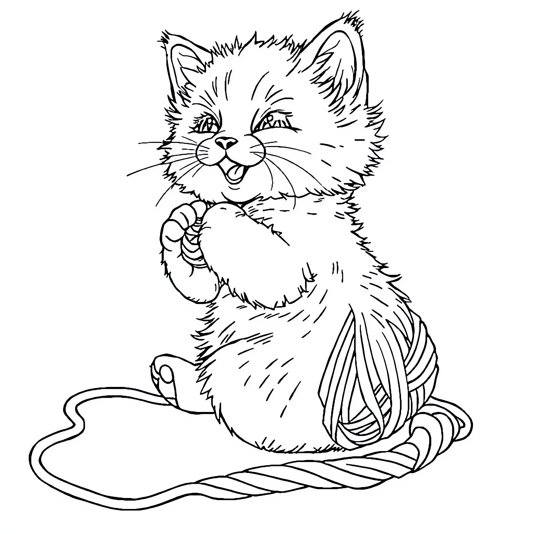 Kitten playing with a string of yarn Coloring Page (free black-and-white line drawing printable PDF for all, from beginners to advanced learners, including children, teens, adults, and seniors)
