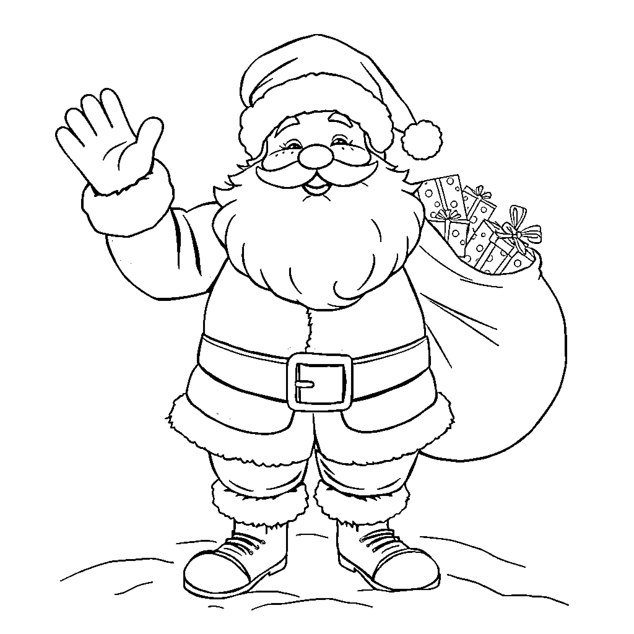 Santa Waving and Carrying Gifts Coloring Page (free black-and-white line drawing printable PDF for all, from beginners to advanced learners, including children, teens, adults, and seniors)
