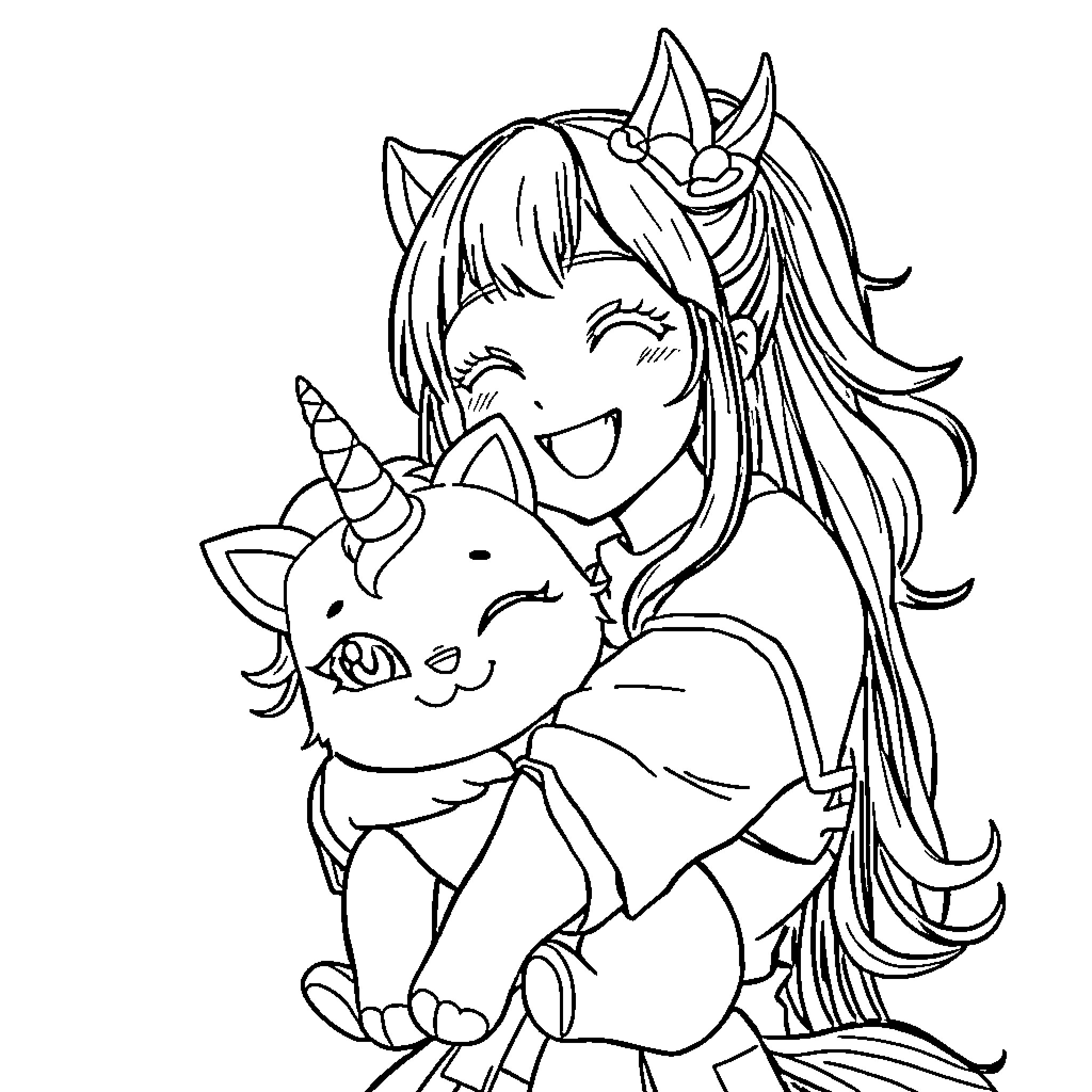 Rumi embracing her joyful unicorn companion Coloring Page (free black-and-white line drawing printable PDF for all, from beginners to advanced learners, including children, teens, adults, and seniors)