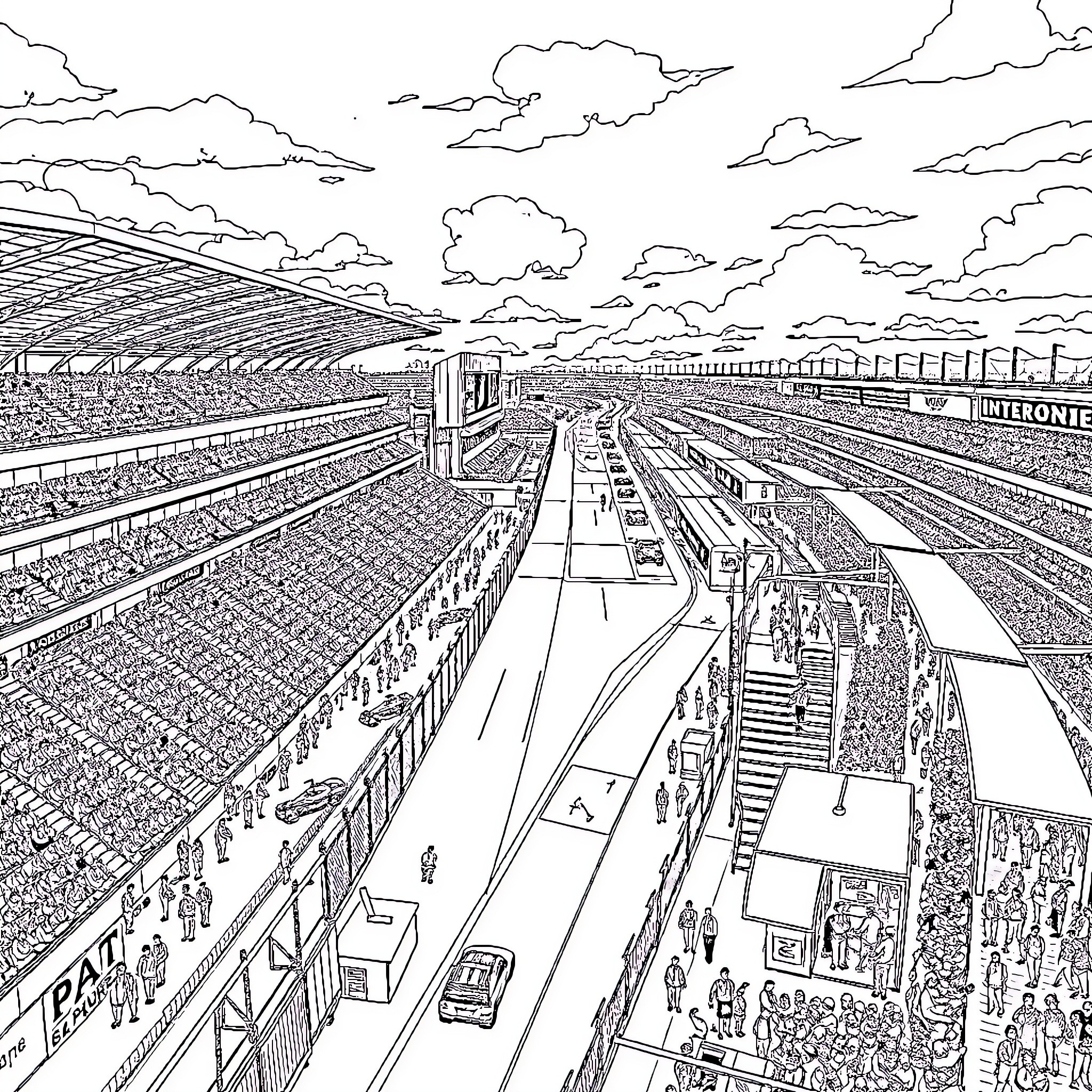 Racetrack bustling with crowds and vehicles Coloring Page (free black-and-white line drawing printable PDF for all, from beginners to advanced learners, including children, teens, adults, and seniors)