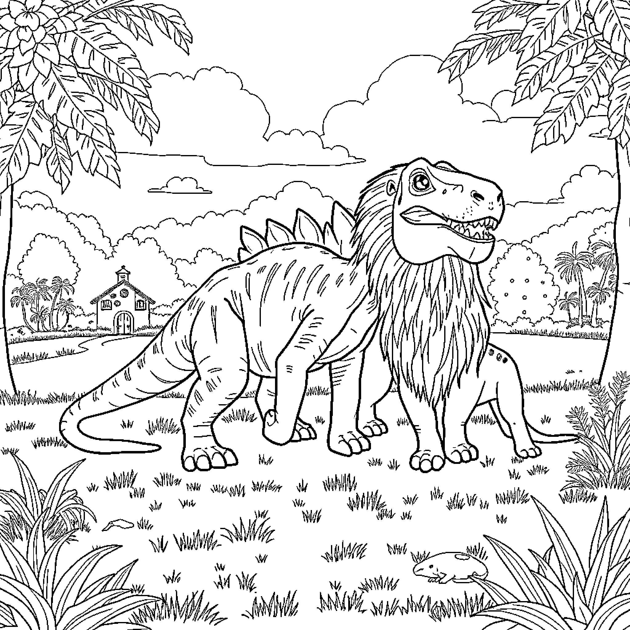 Tyrannosaurus Rex in Prehistoric Landscape Coloring Page (free black-and-white line drawing printable PDF for all, from beginners to advanced learners, including children, teens, adults, and seniors)
