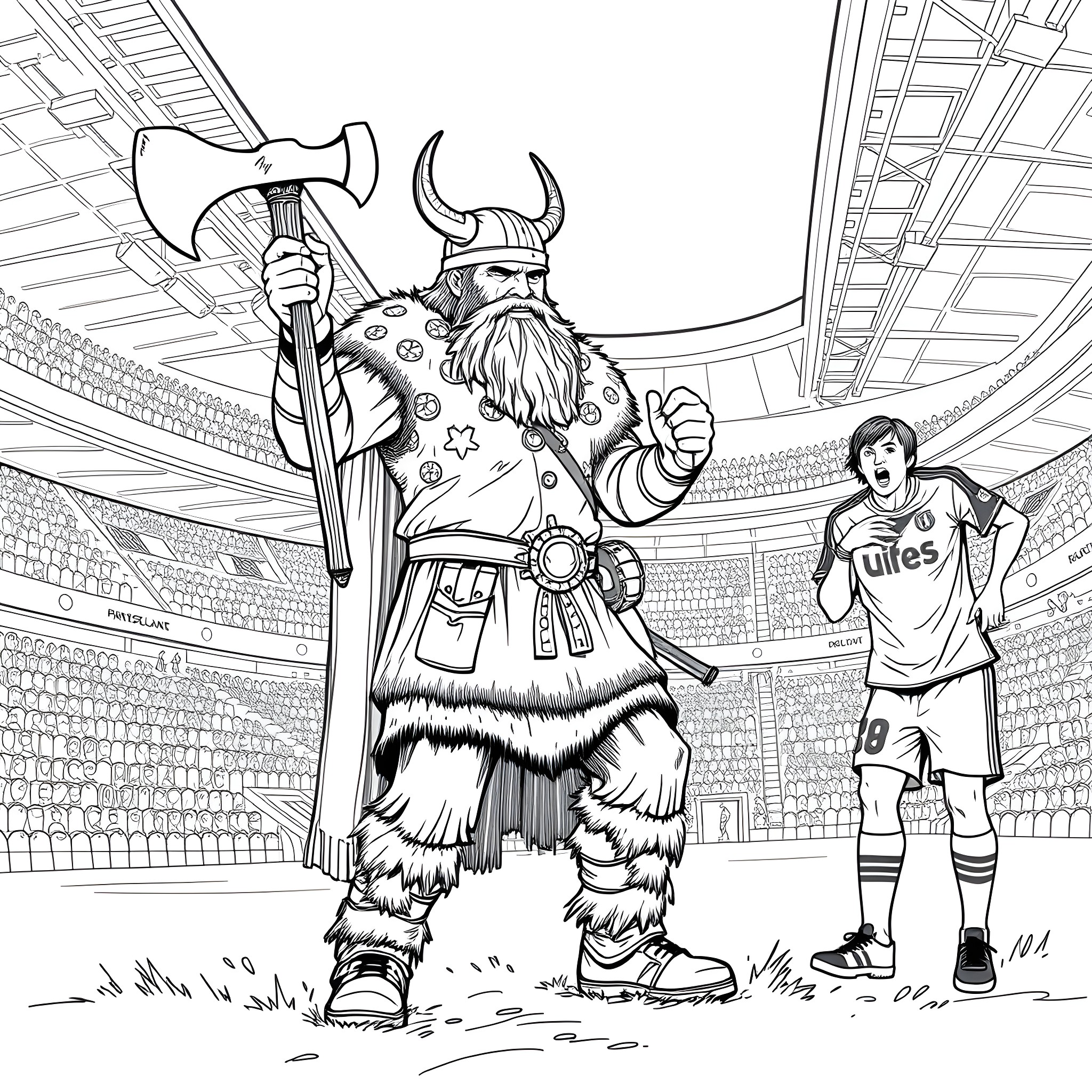 Erling Haaland Confronts a Mighty Viking in the Soccer Stadium Coloring Page (free black-and-white line drawing printable PDF for all, from beginners to advanced learners, including children, teens, adults, and seniors)