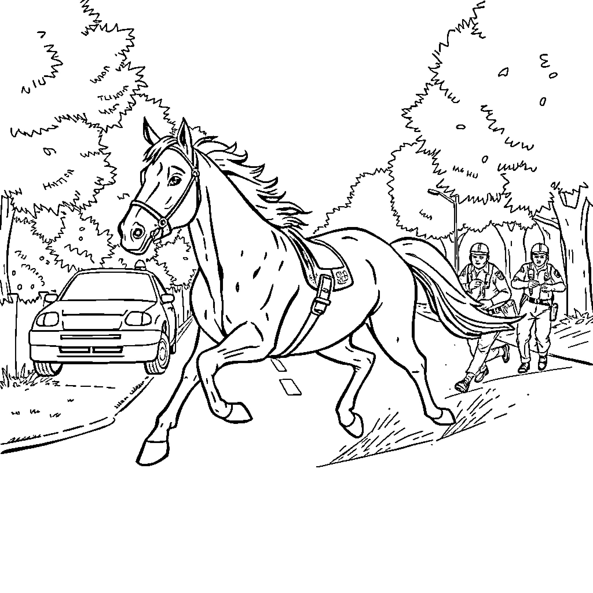 Horse racing through the countryside Coloring Page (free black-and-white line drawing printable PDF for all, from beginners to advanced learners, including children, teens, adults, and seniors)