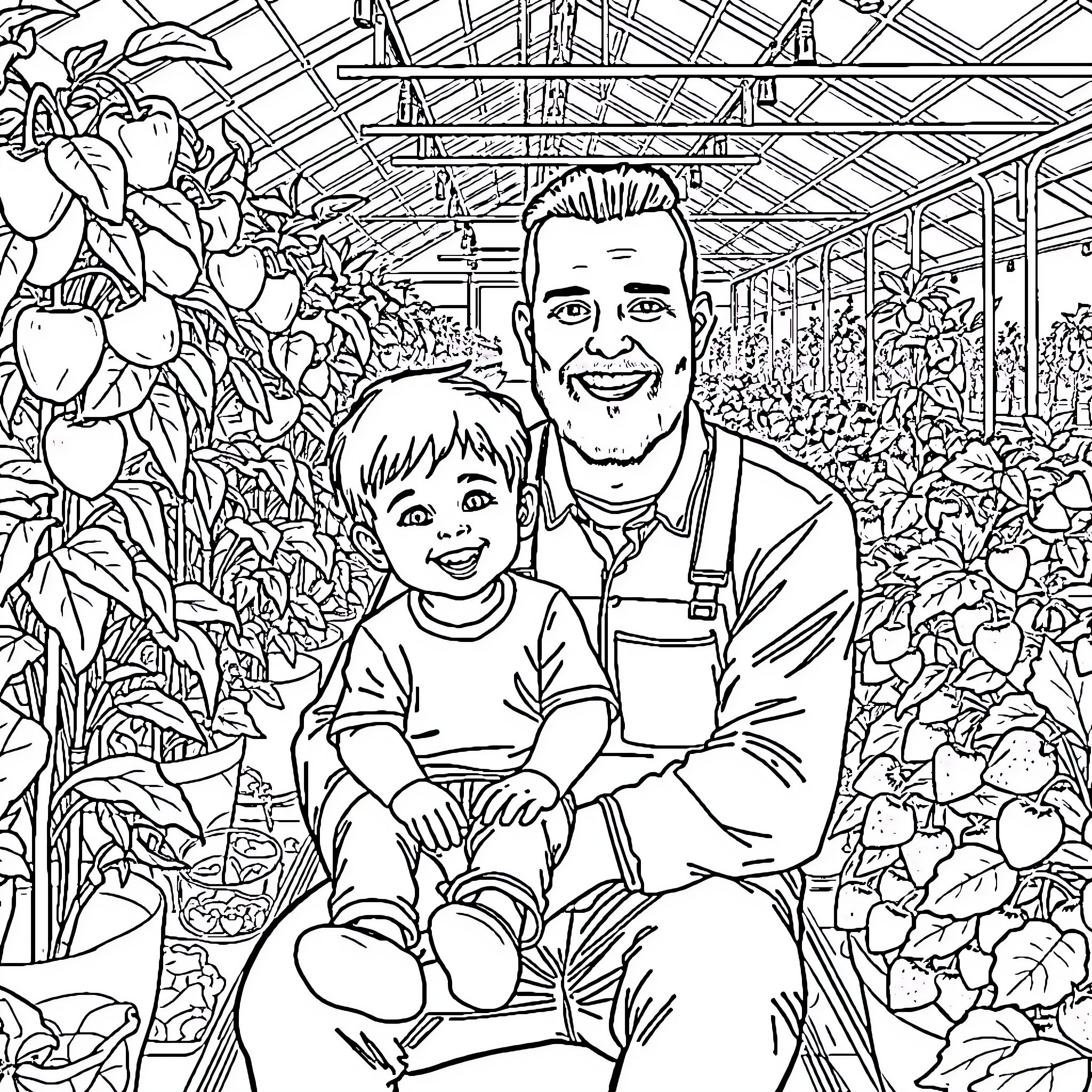 Boy and man explore greenhouse filled with plants Coloring Page (free black-and-white line drawing printable PDF for all, from beginners to advanced learners, including children, teens, adults, and seniors)