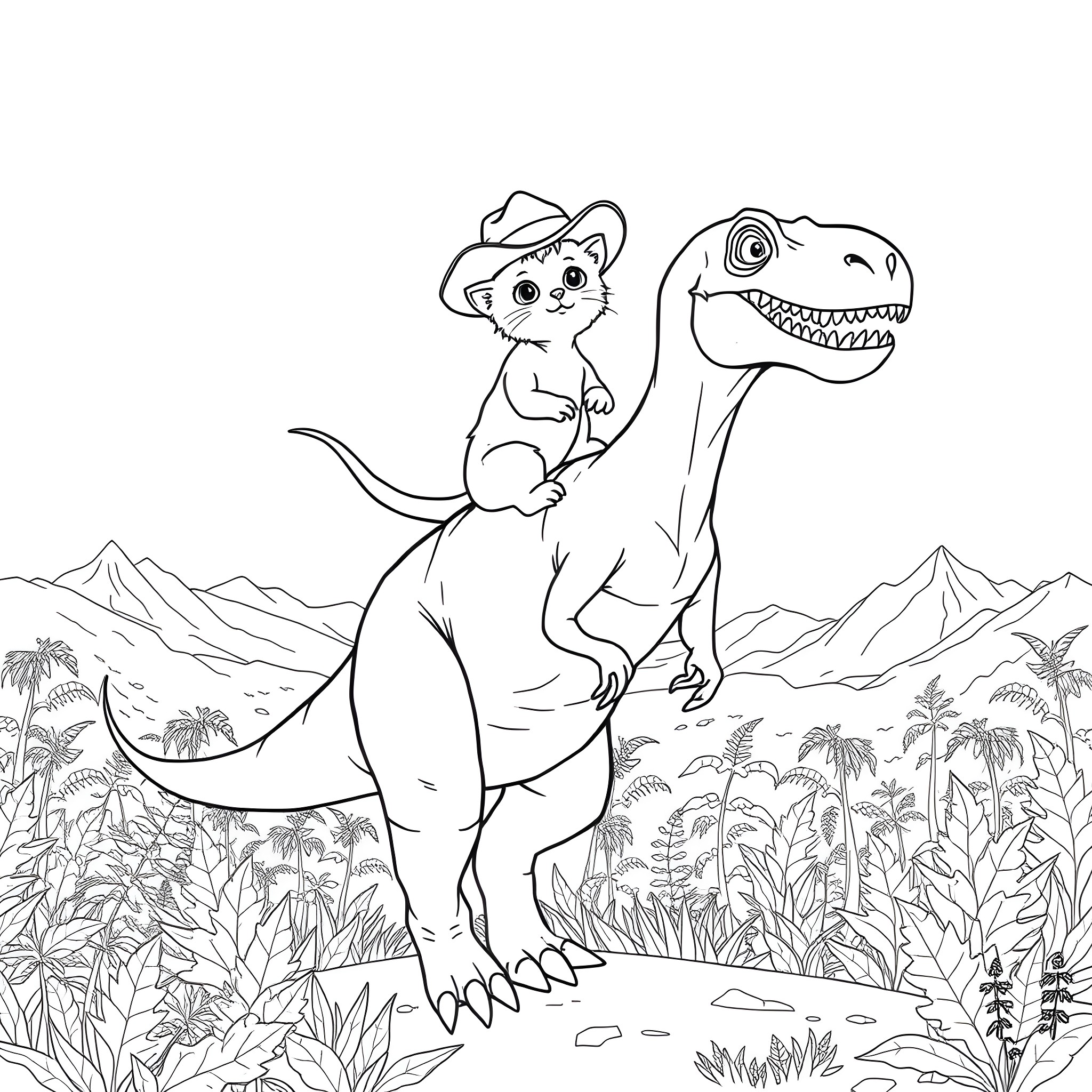 Kitten riding on a friendly dinosaur Coloring Page (free black-and-white line drawing printable PDF for all, from beginners to advanced learners, including children, teens, adults, and seniors)