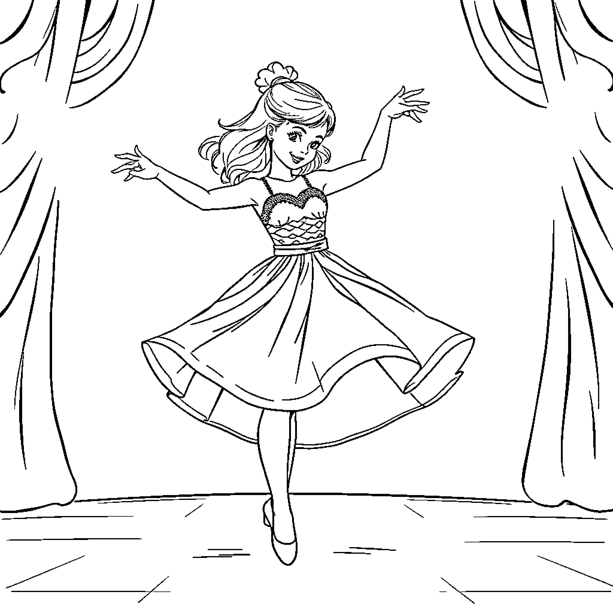 Dancing Girl Performing on Stage with Flowing Dress Coloring Page (free black-and-white line drawing printable PDF for all, from beginners to advanced learners, including children, teens, adults, and seniors)