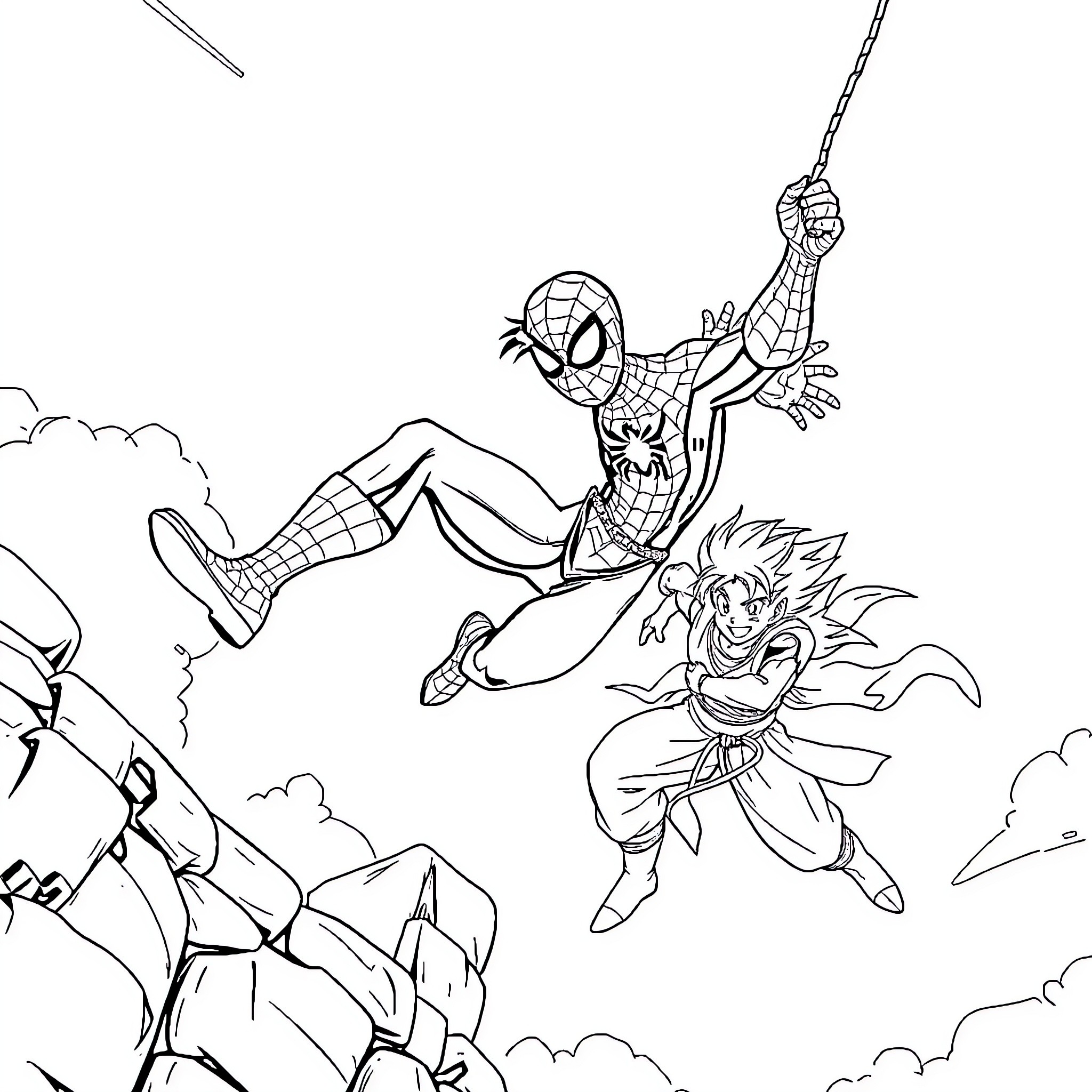 Spiderman swinging towards battle with a hero Coloring Page (free black-and-white line drawing printable PDF for all, from beginners to advanced learners, including children, teens, adults, and seniors)
