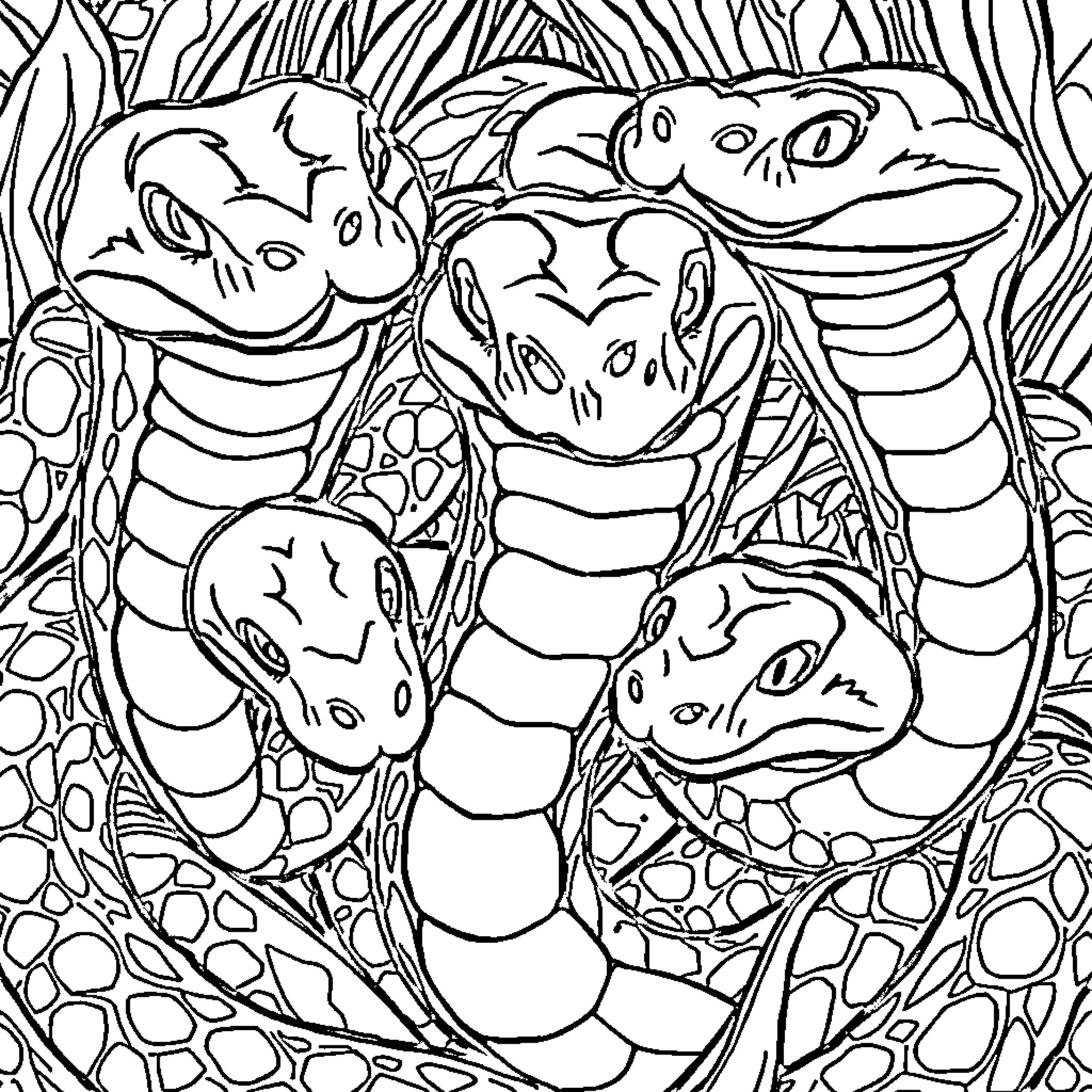 Snake Gathering in the Wild Coloring Page (free black-and-white line drawing printable PDF for all, from beginners to advanced learners, including children, teens, adults, and seniors)