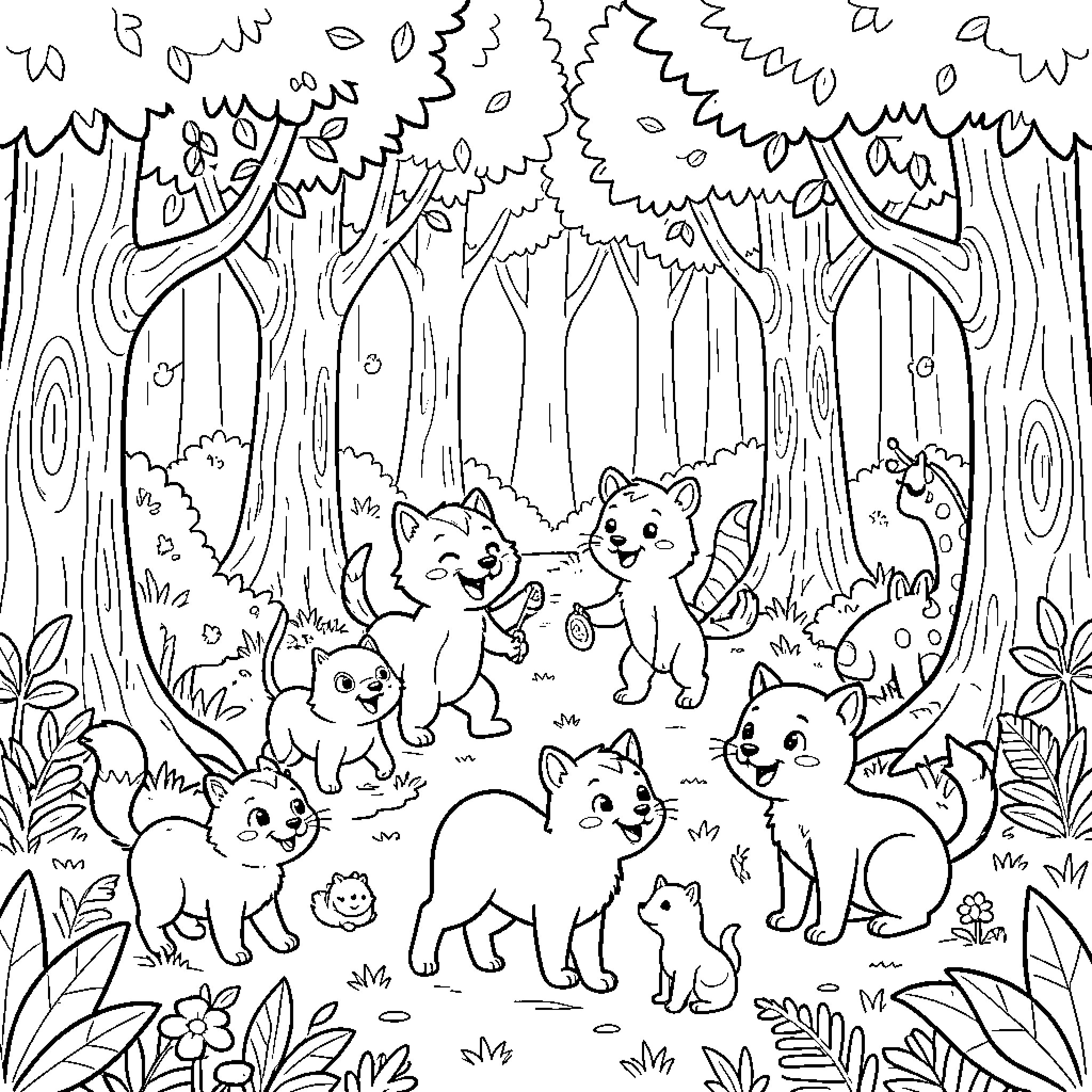 Animal Kittens playing in the forest Coloring Page (free black-and-white line drawing printable PDF for all, from beginners to advanced learners, including children, teens, adults, and seniors)